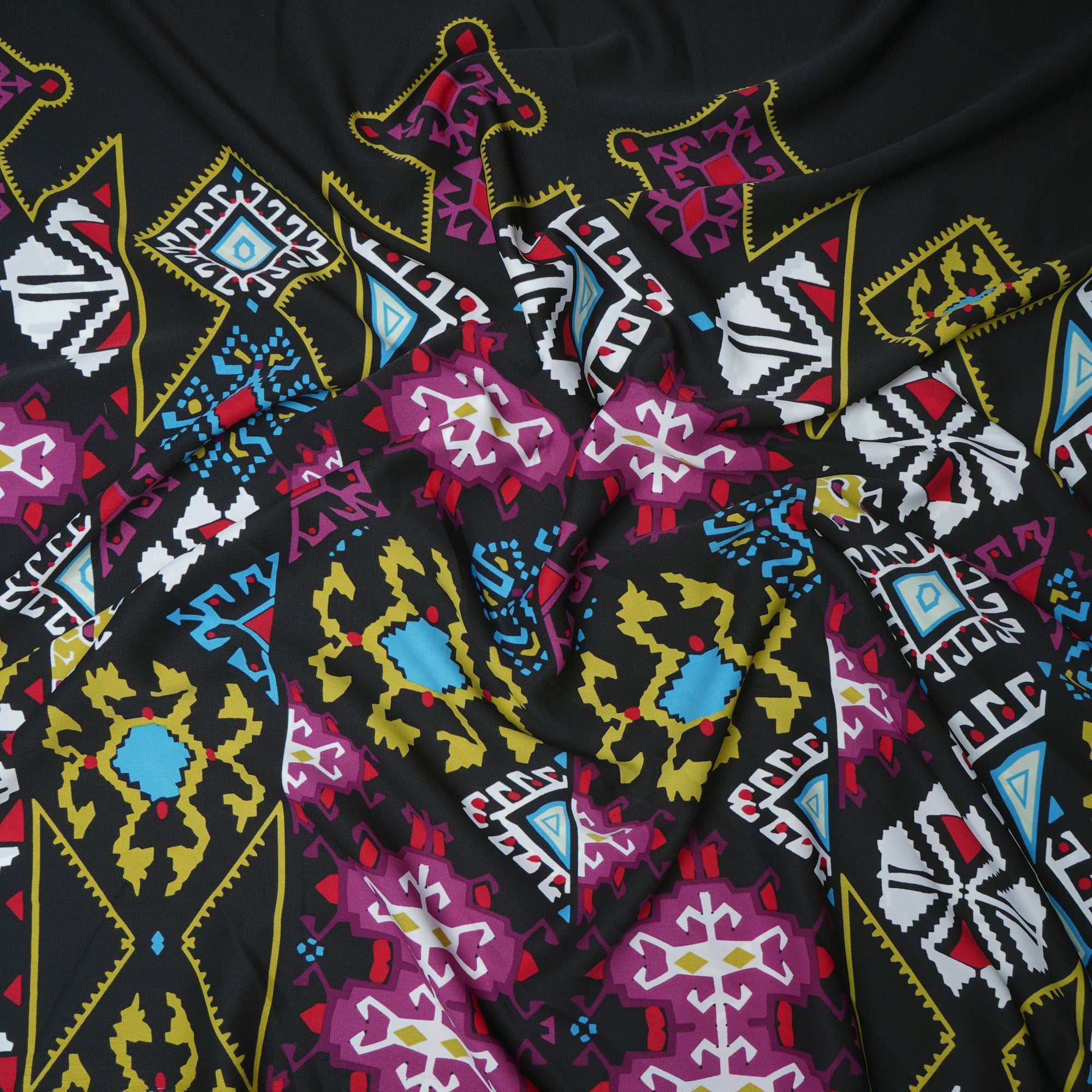 Black Geometric Pattern Printed Crepe Fabric