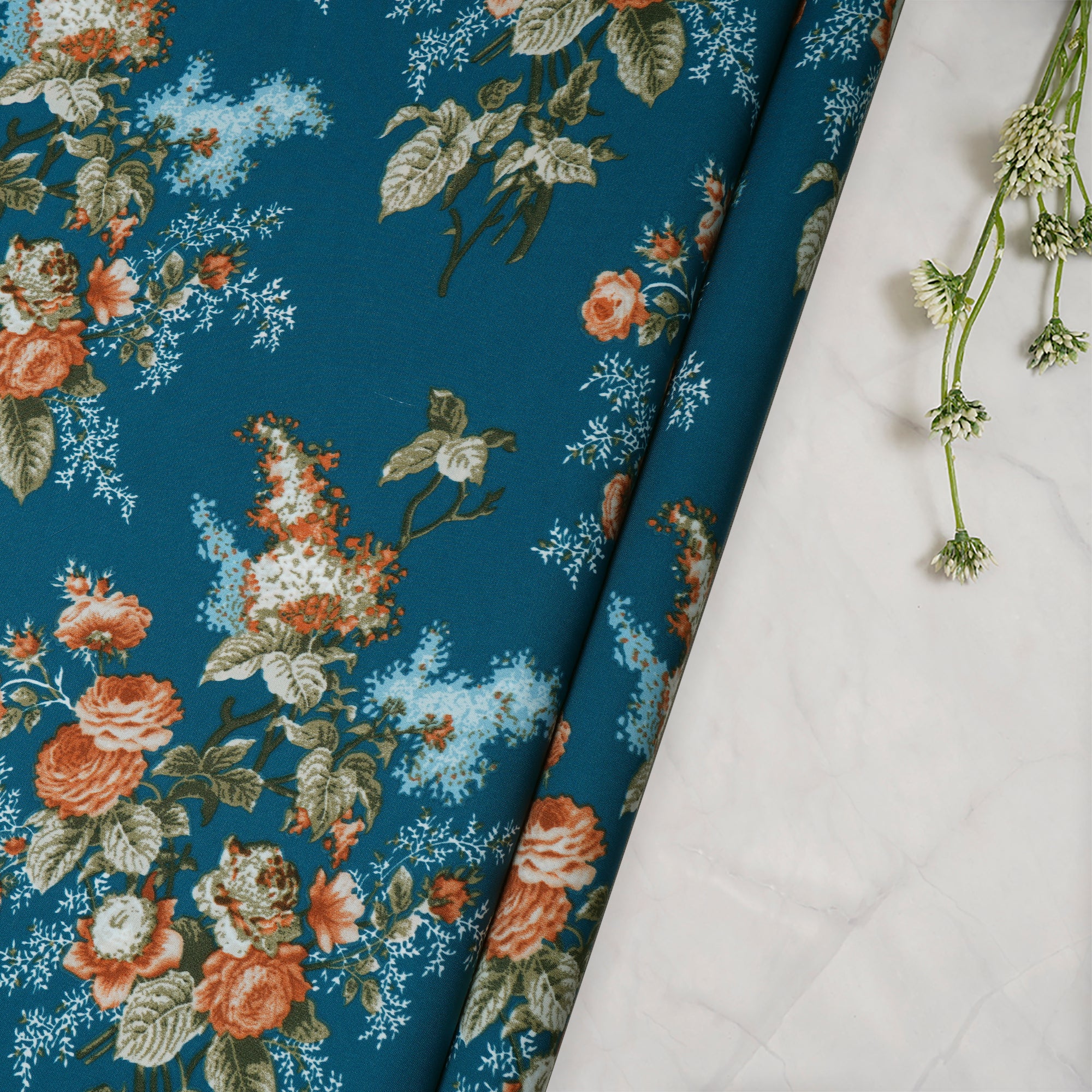 Fjord Blue Floral Pattern Printed Crepe Fabric