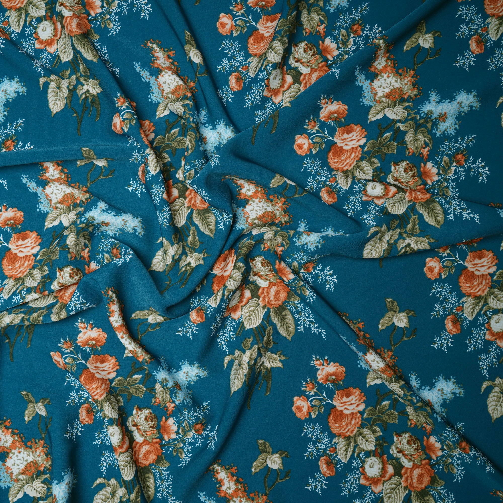 Fjord Blue Floral Pattern Printed Crepe Fabric