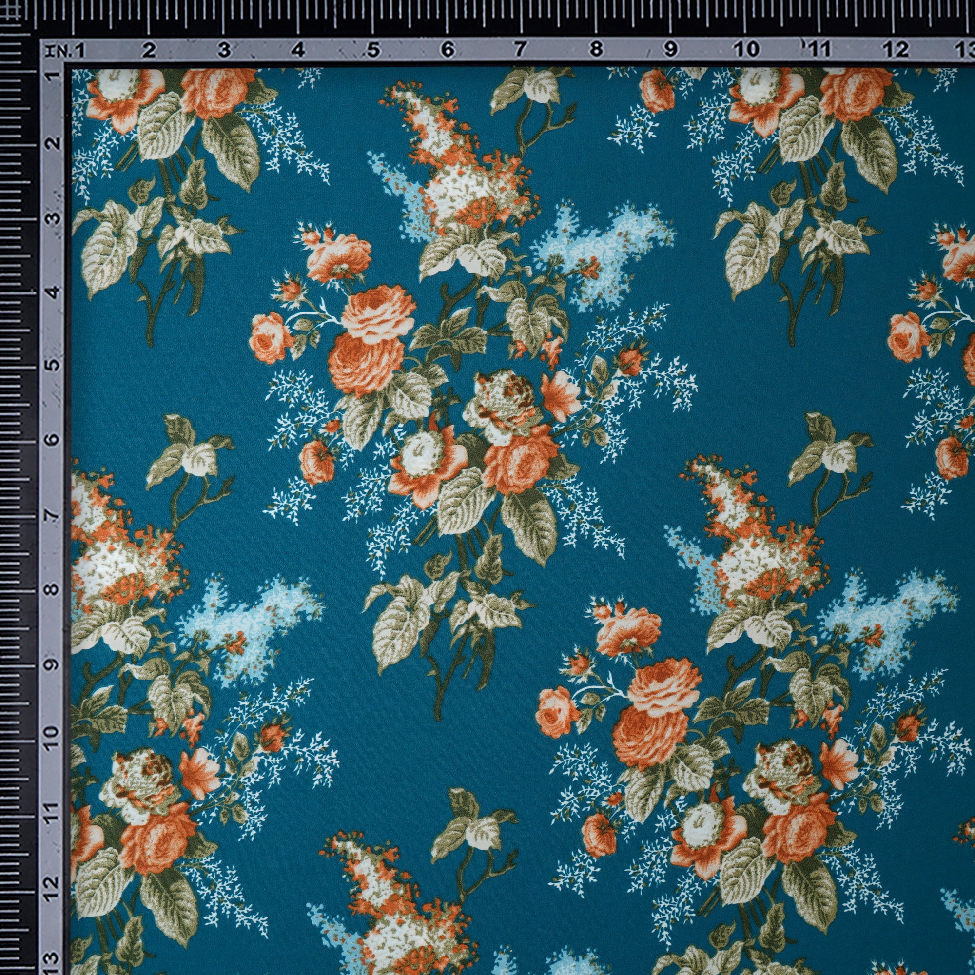 Fjord Blue Floral Pattern Printed Crepe Fabric