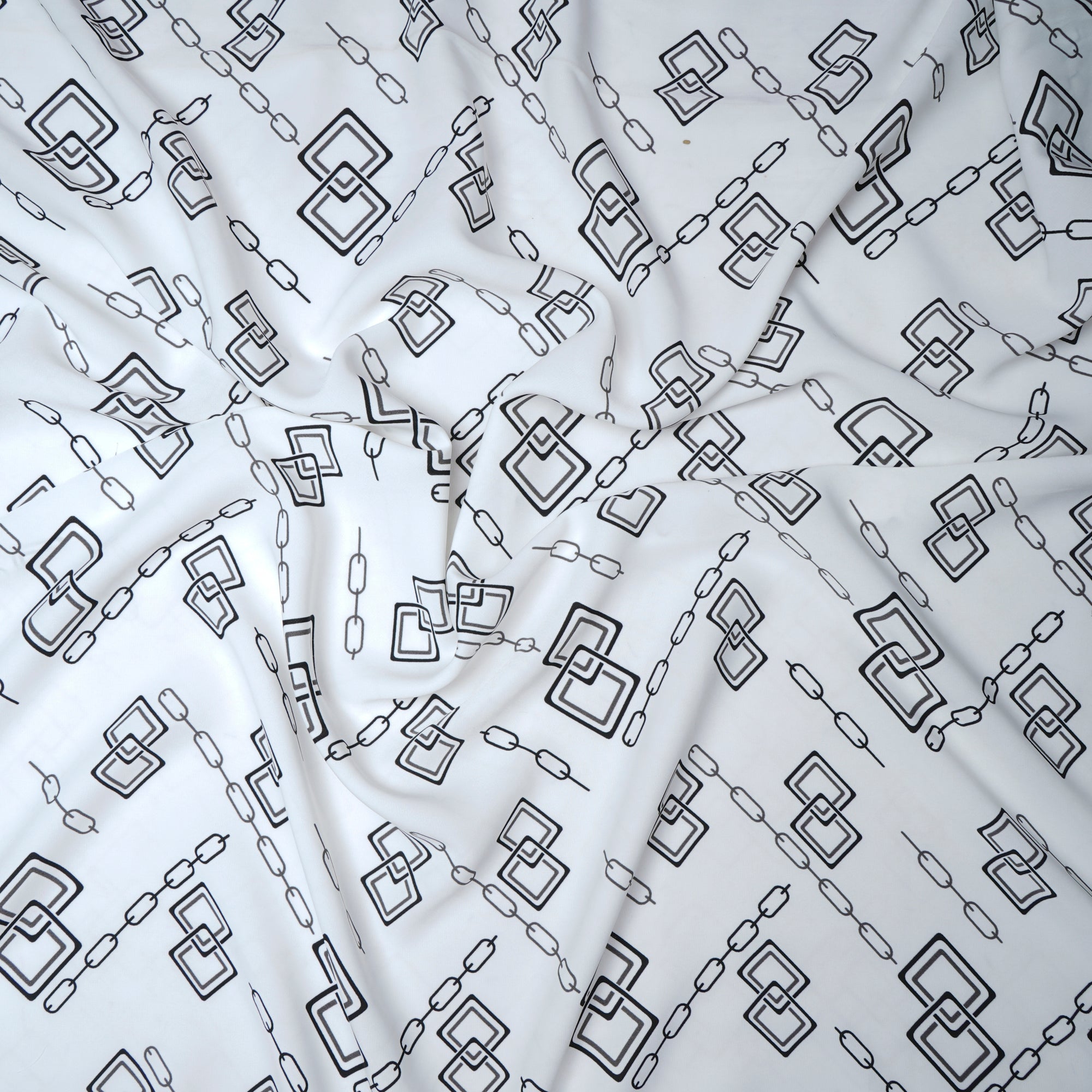 White-Black Geometric Pattern Printed Crepe Fabric