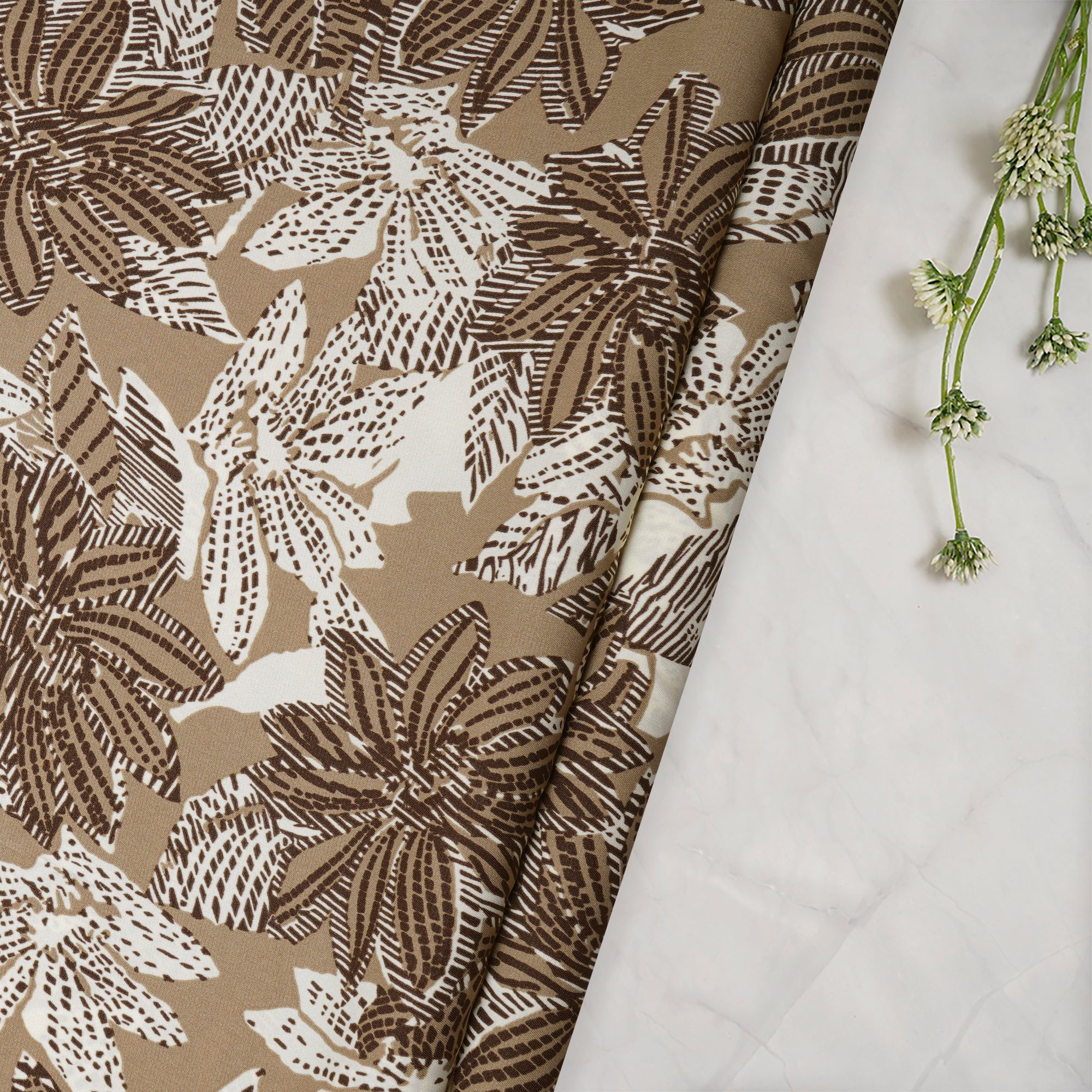 Cream Floral Pattern Printed Crepe Fabric