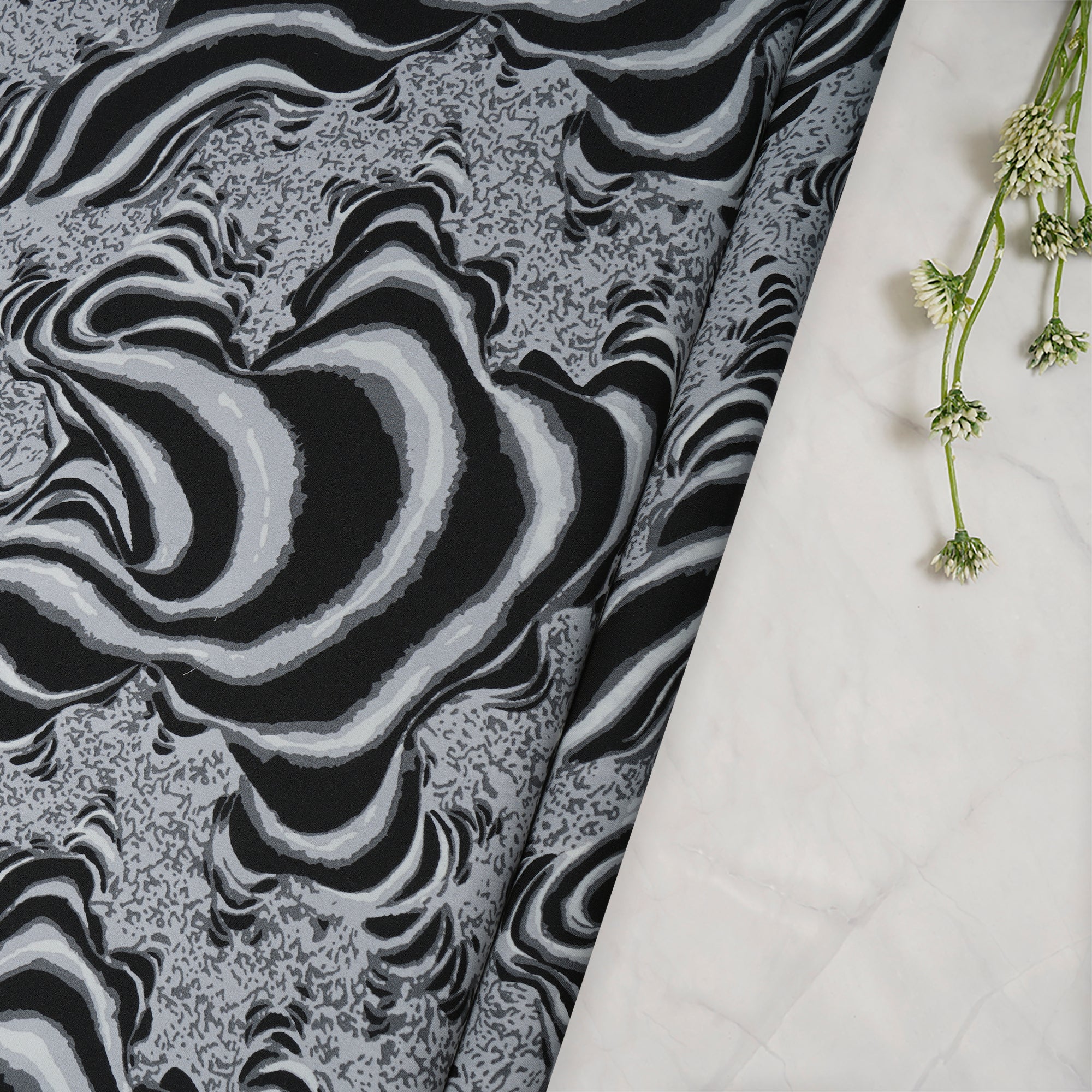 Black-Grey Abstract Pattern Printed Crepe Fabric