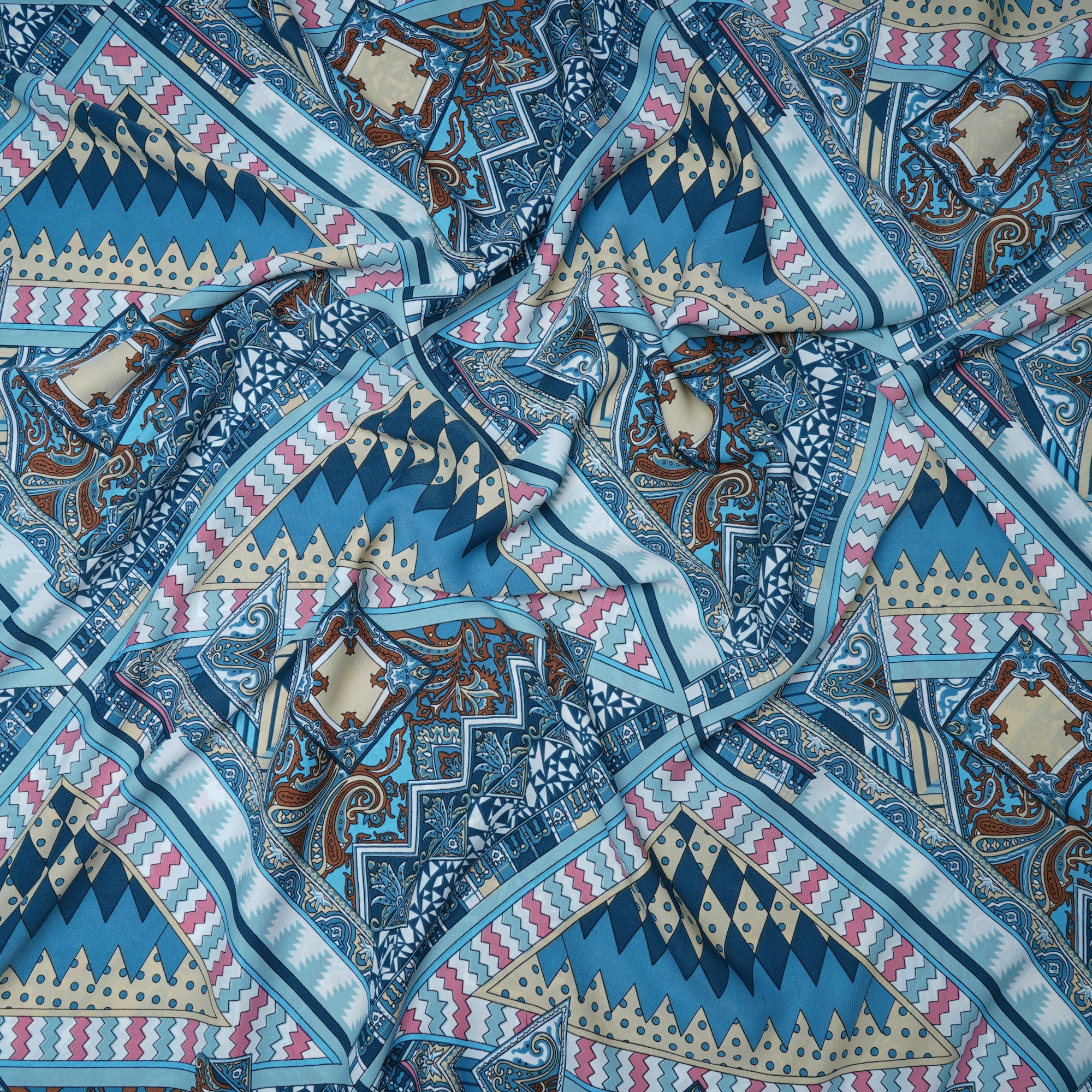 Blue Geometric Pattern Printed Crepe Fabric