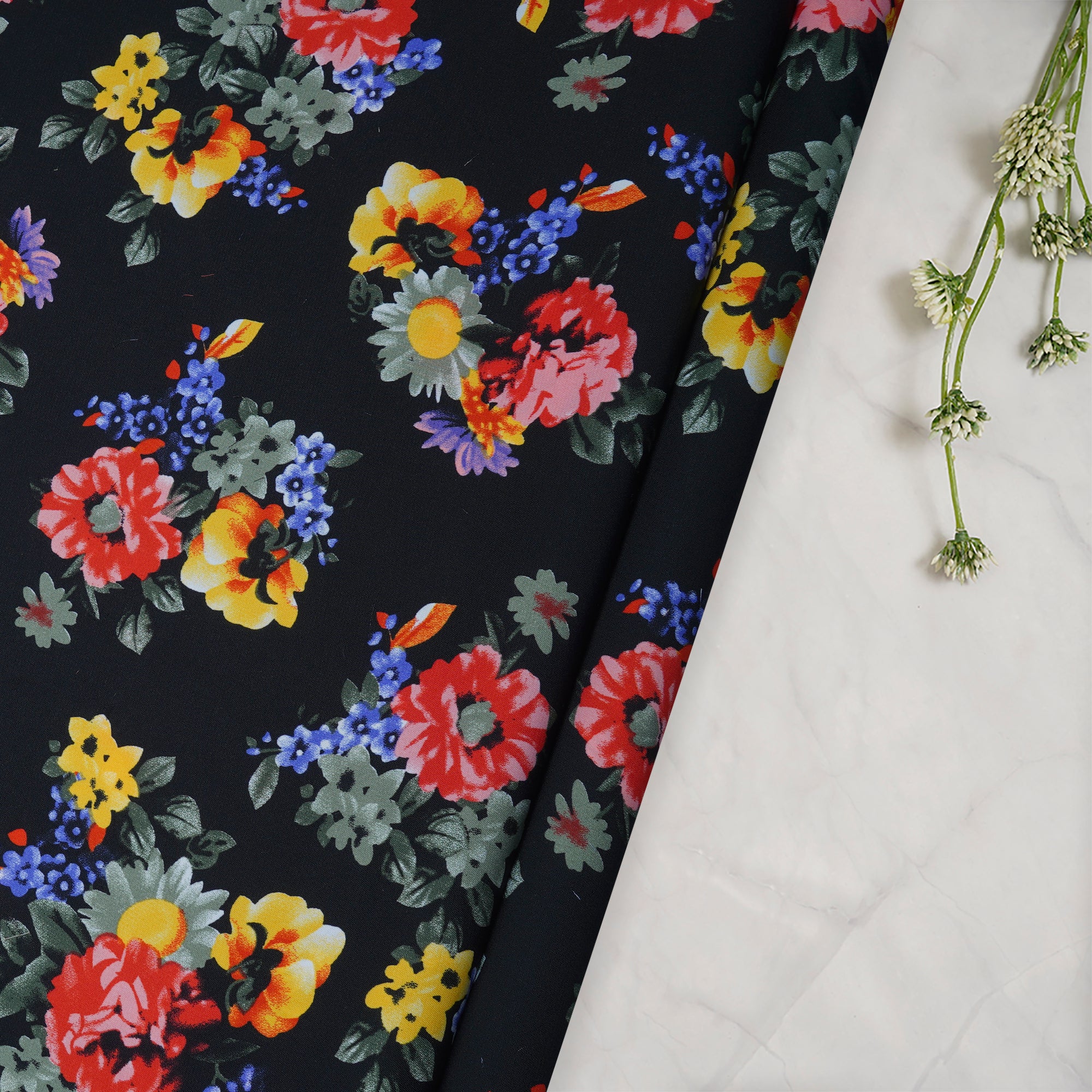 Black Floral Pattern Printed Crepe Fabric