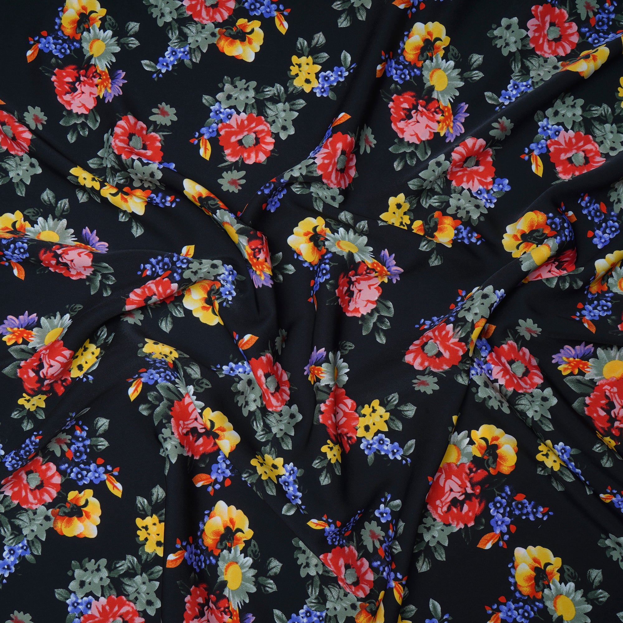 Black Floral Pattern Printed Crepe Fabric