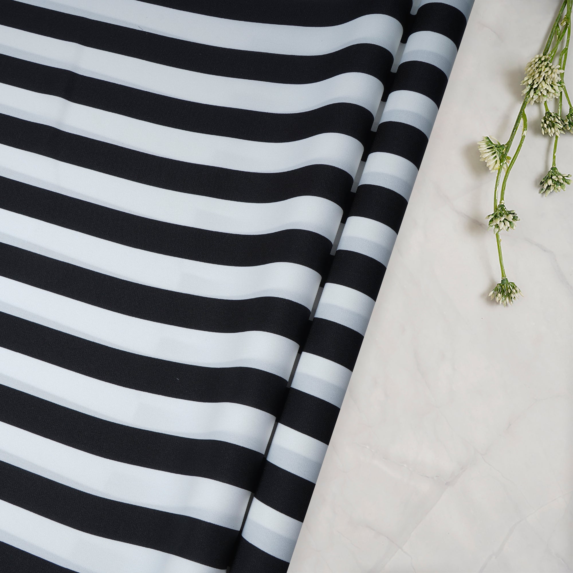 Black-White Stripe Pattern Printed Crepe Fabric