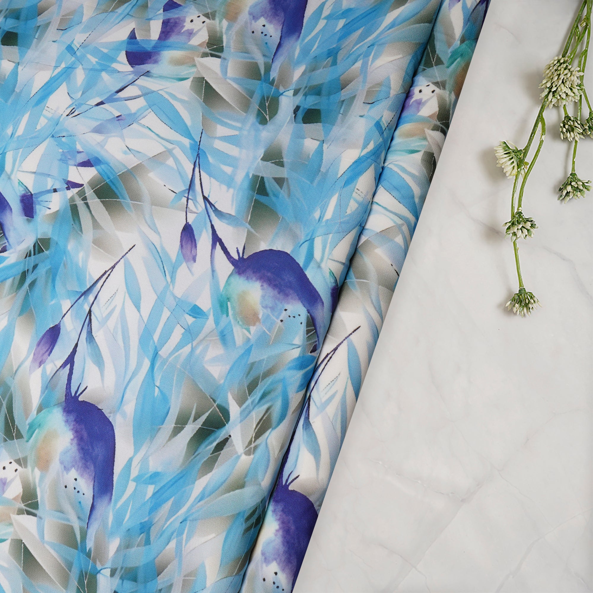 Blue Leaf Pattern Printed Crepe Fabric