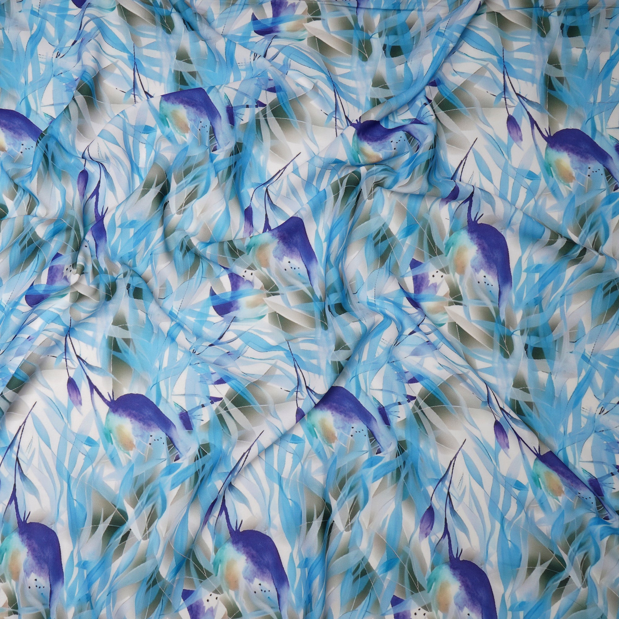 Blue Leaf Pattern Printed Crepe Fabric