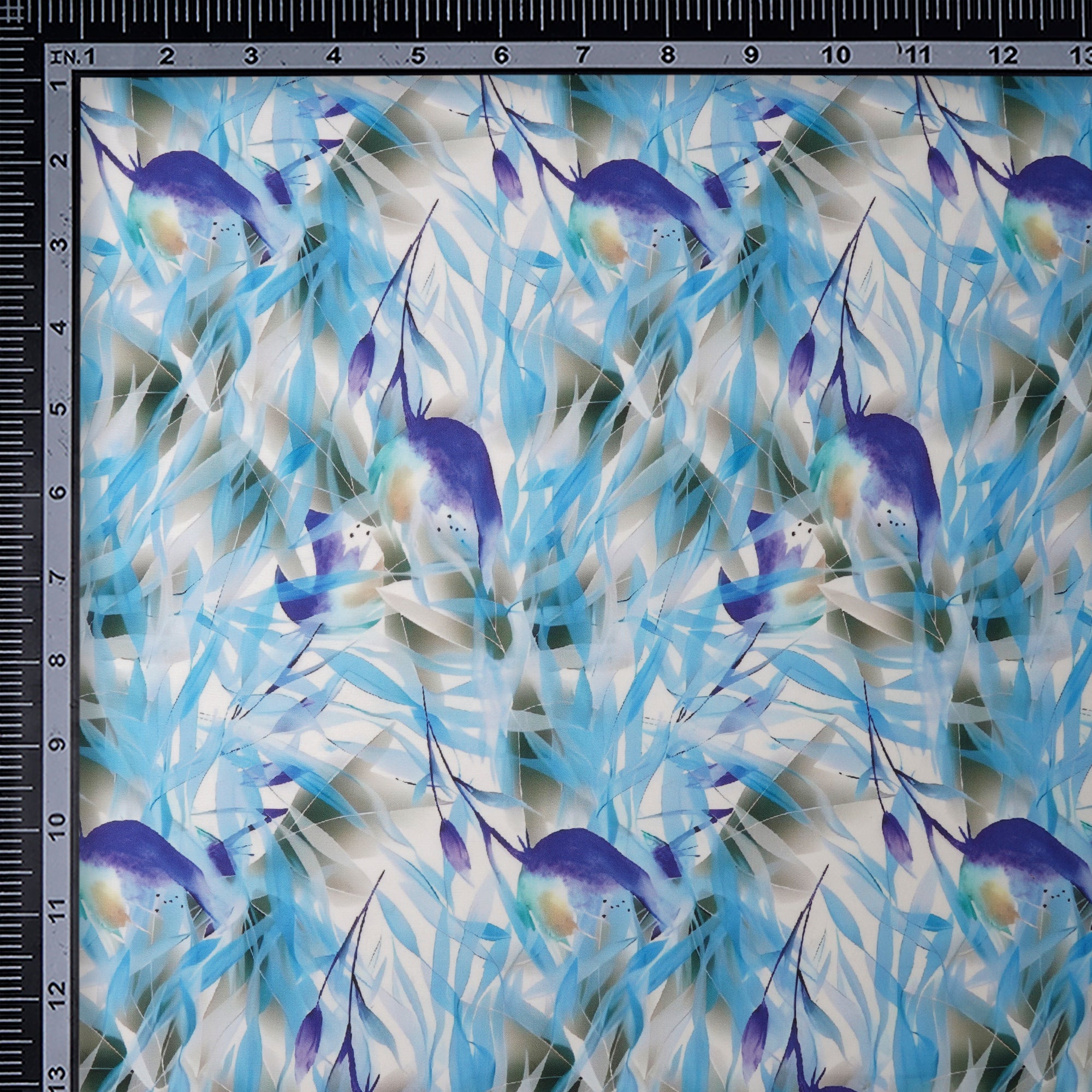 Blue Leaf Pattern Printed Crepe Fabric