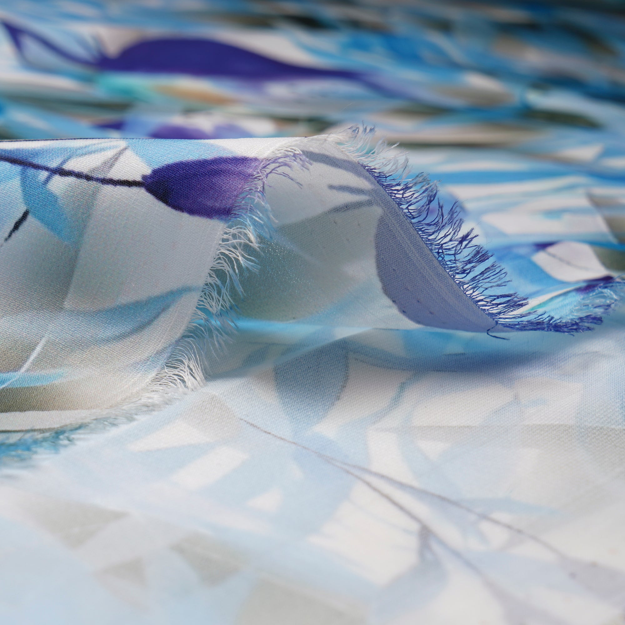 Blue Leaf Pattern Printed Crepe Fabric