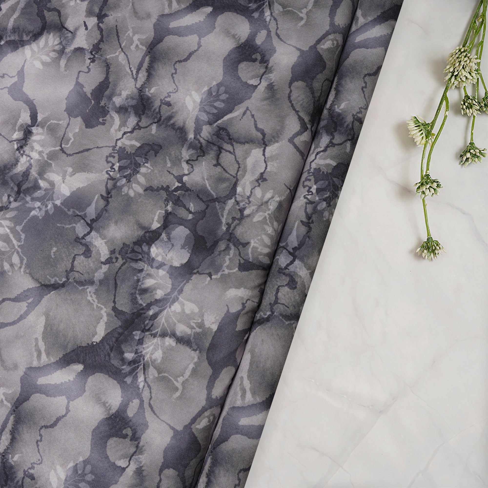 Grey Leaf Pattern Printed Crepe Fabric