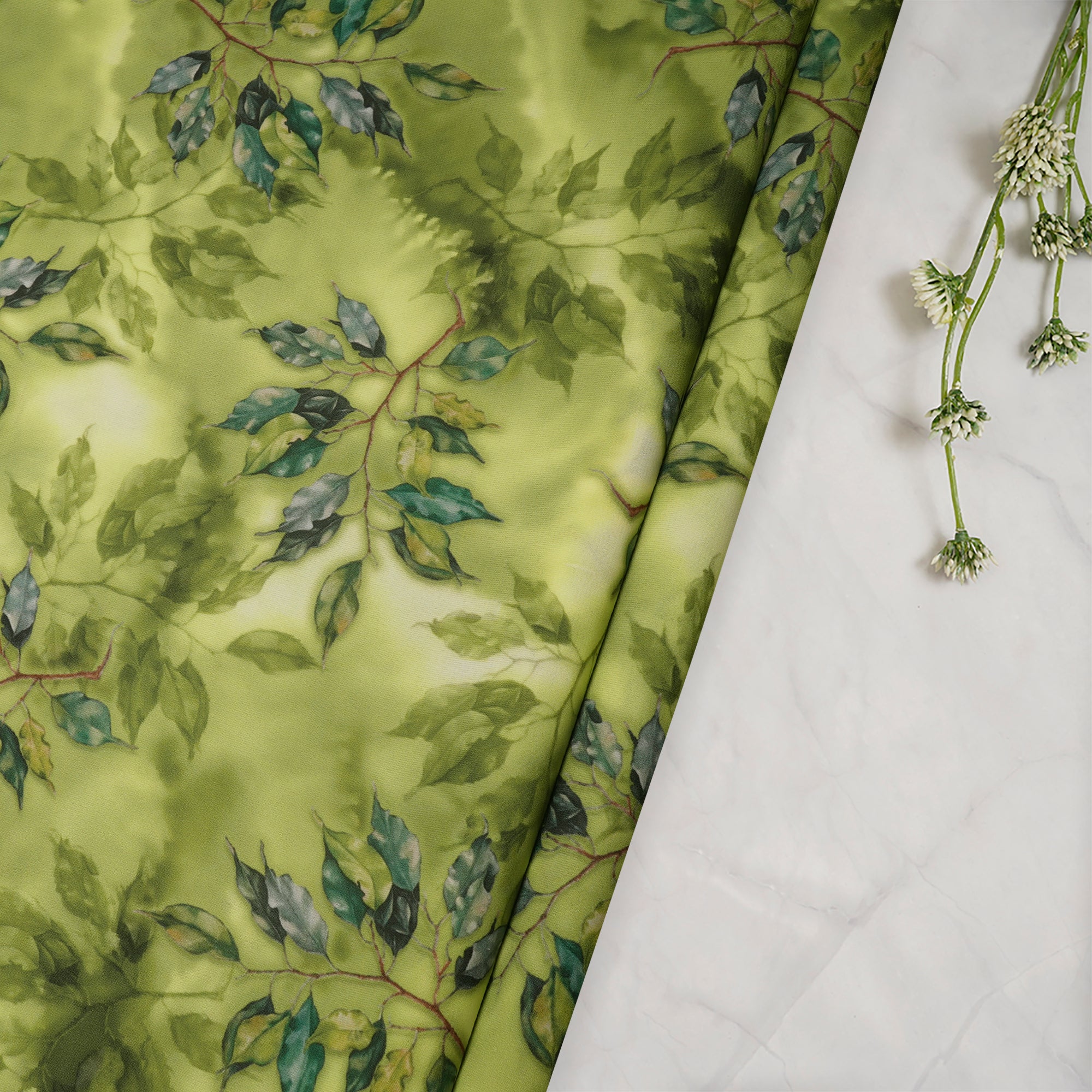 Parrot Green Leaf Pattern Printed Crepe Fabric