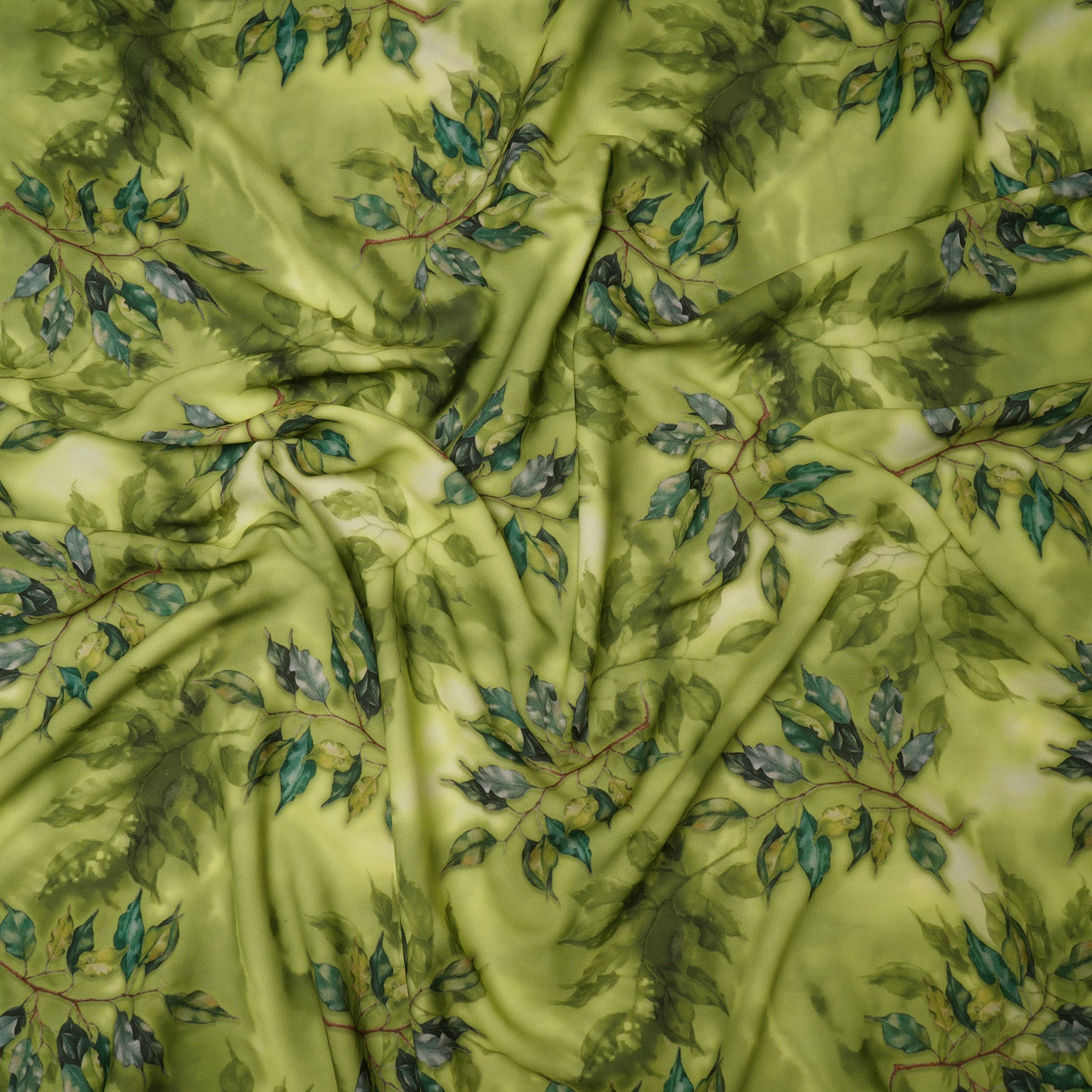 Parrot Green Leaf Pattern Printed Crepe Fabric