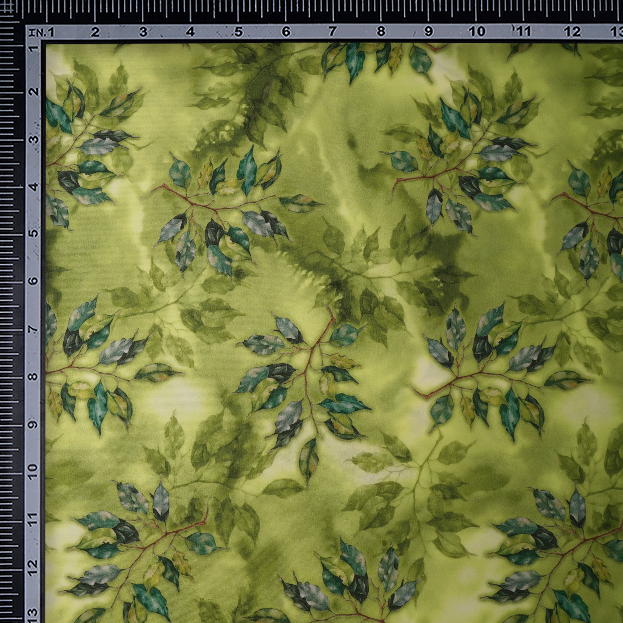 Parrot Green Leaf Pattern Printed Crepe Fabric