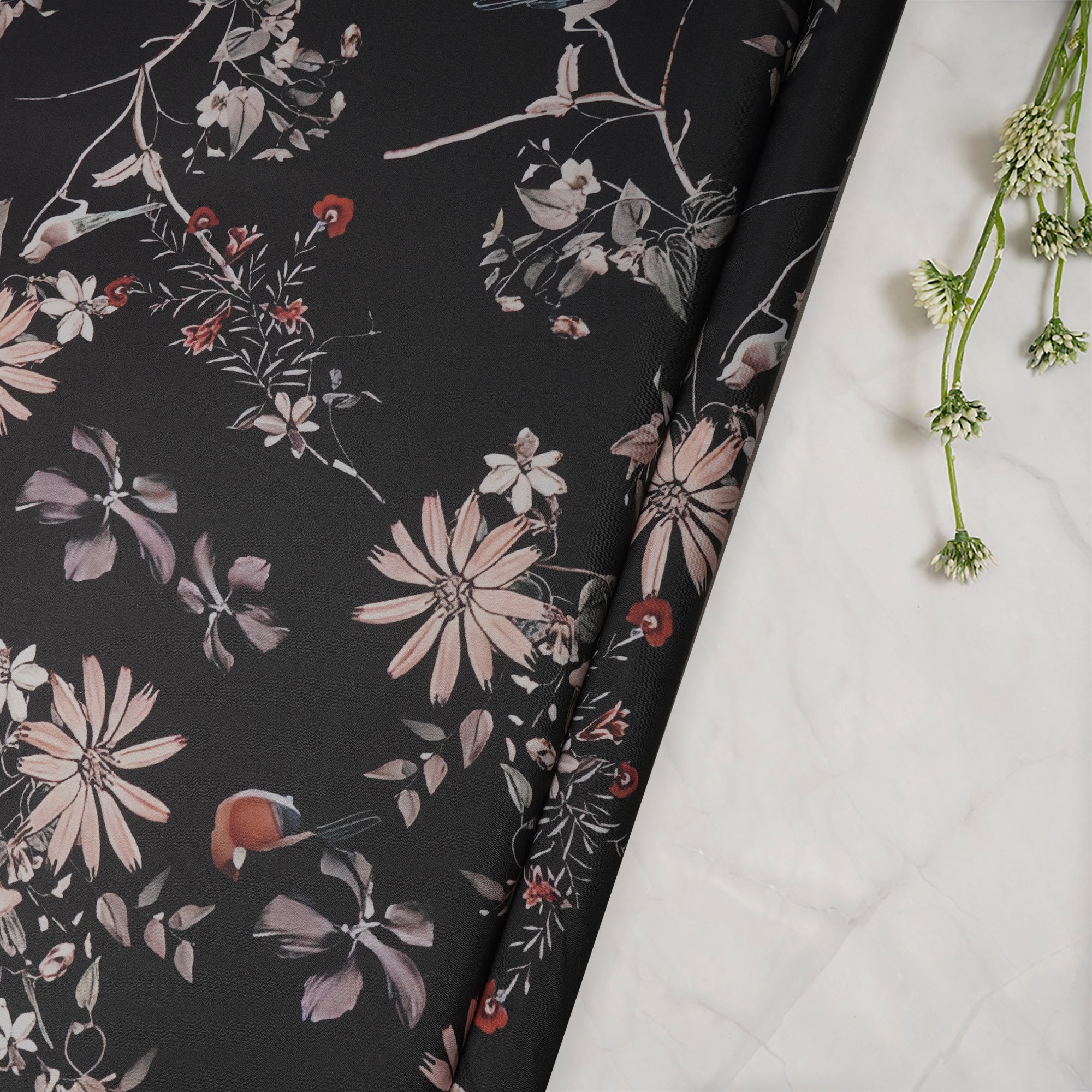 Black Floral Pattern Printed Crepe Fabric