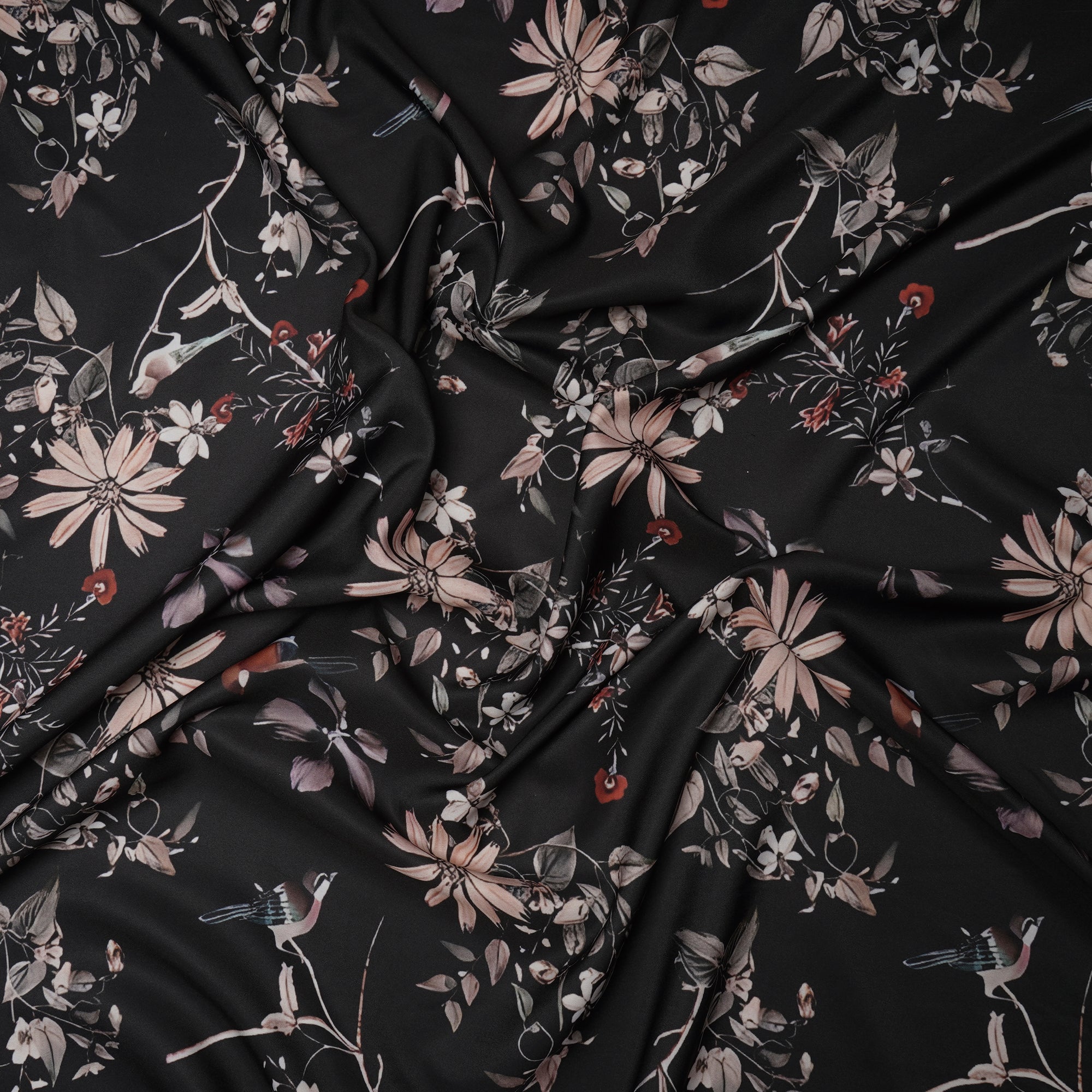 Black Floral Pattern Printed Crepe Fabric