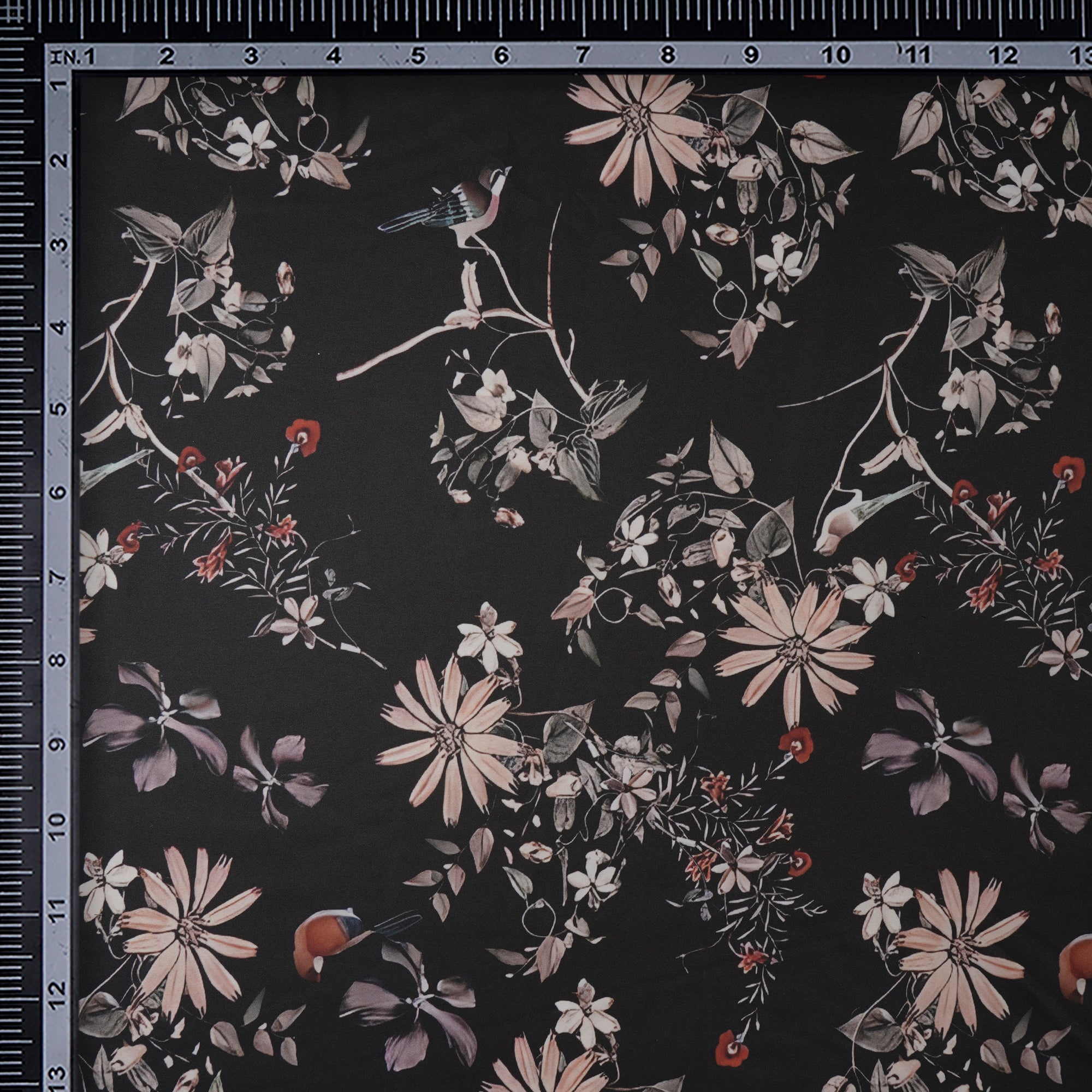 Black Floral Pattern Printed Crepe Fabric