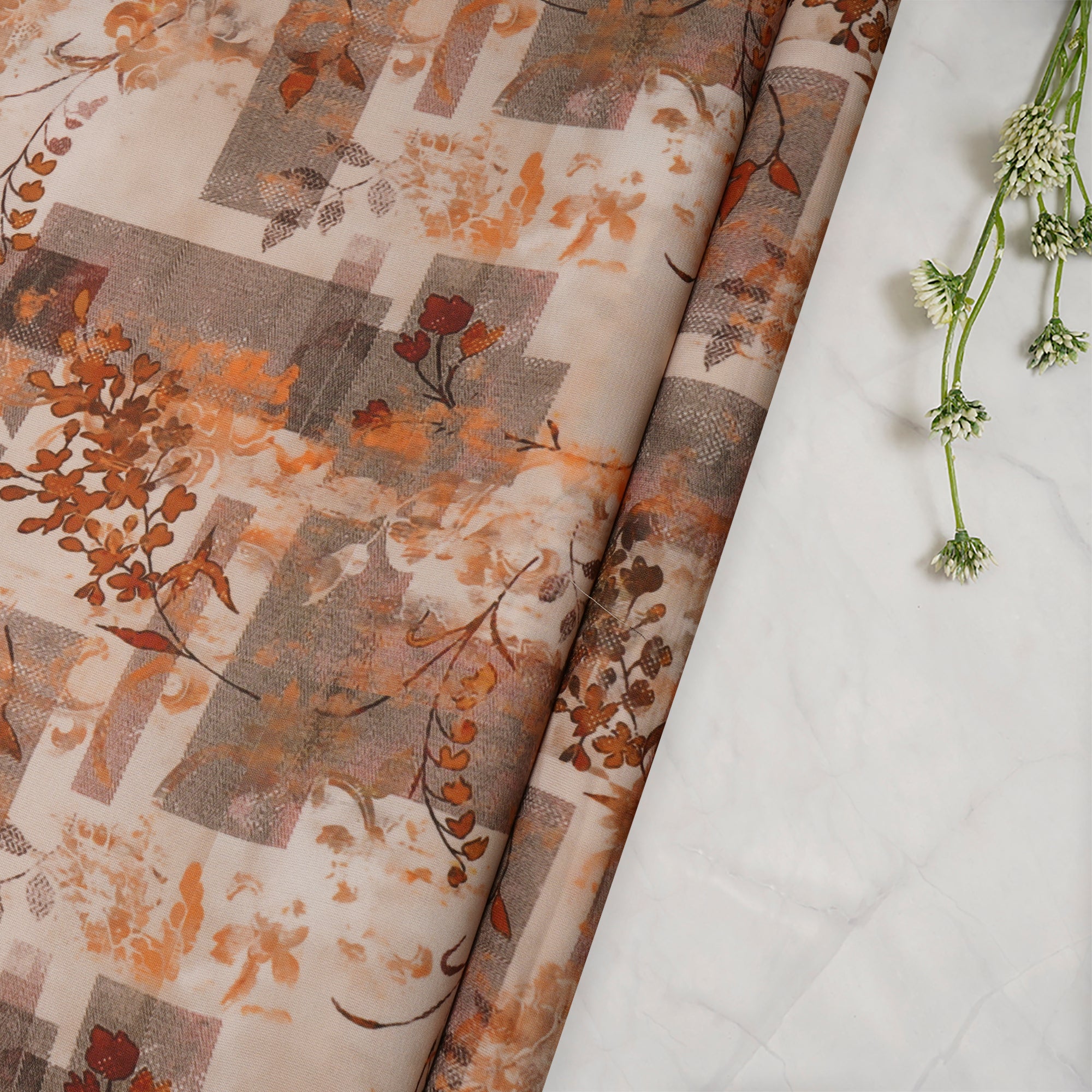 Beige Floral Pattern Printed Crepe Fabric