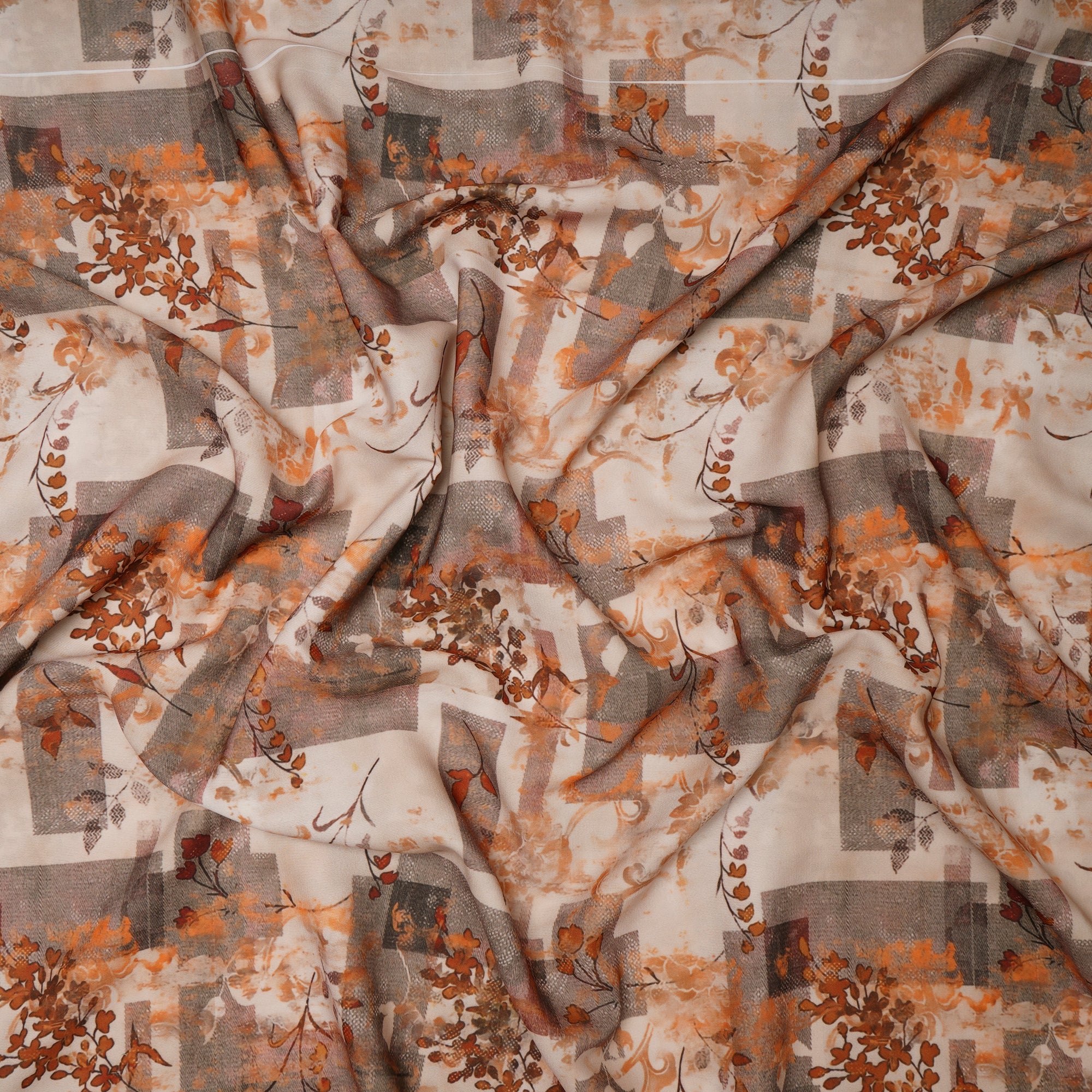 Beige Floral Pattern Printed Crepe Fabric