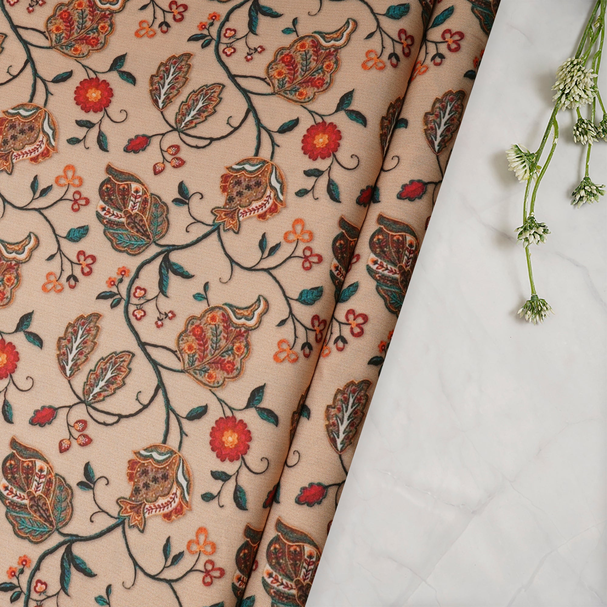 Cream Floral Pattern Printed Crepe Fabric