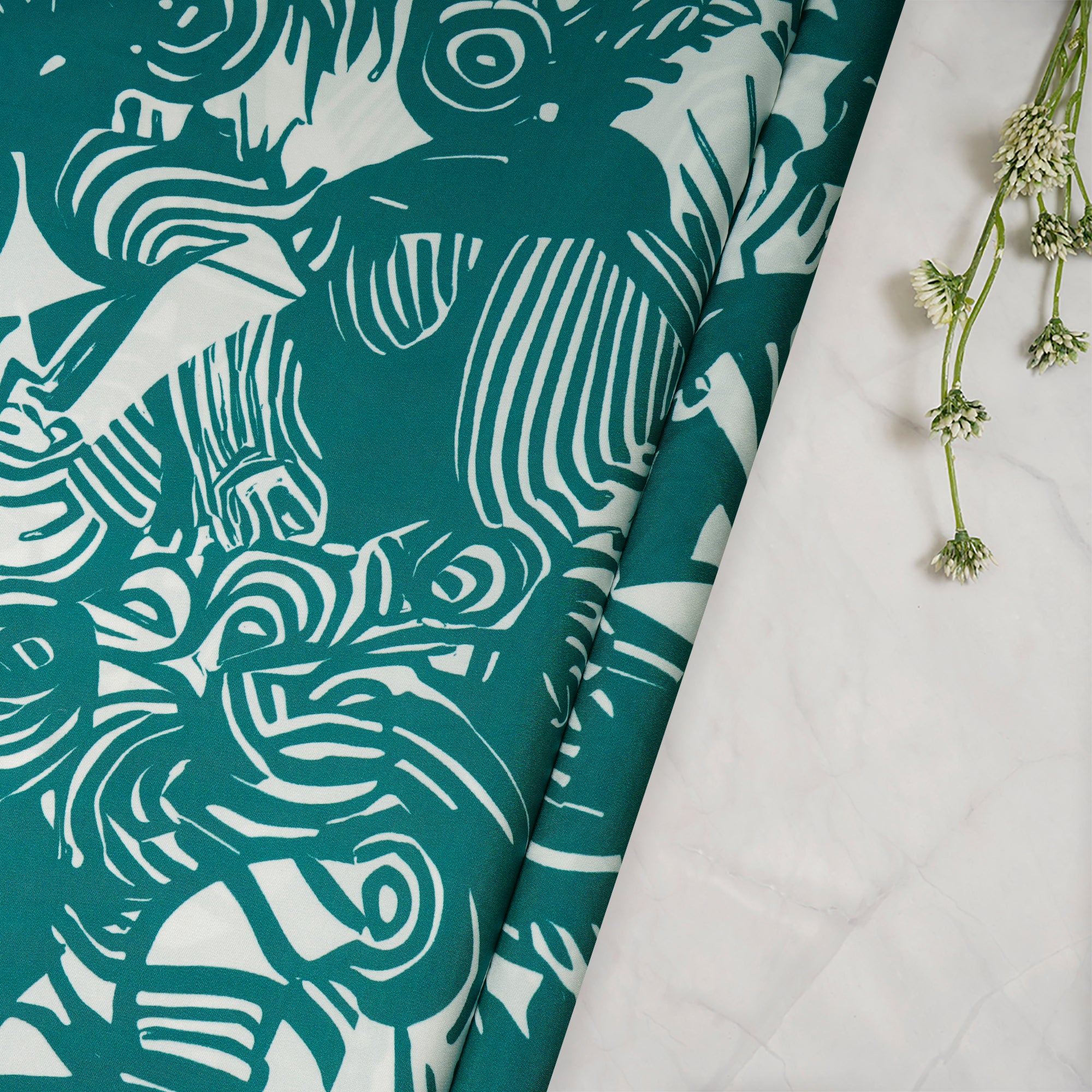 Green-White Abstract Pattern Printed Crepe Fabric