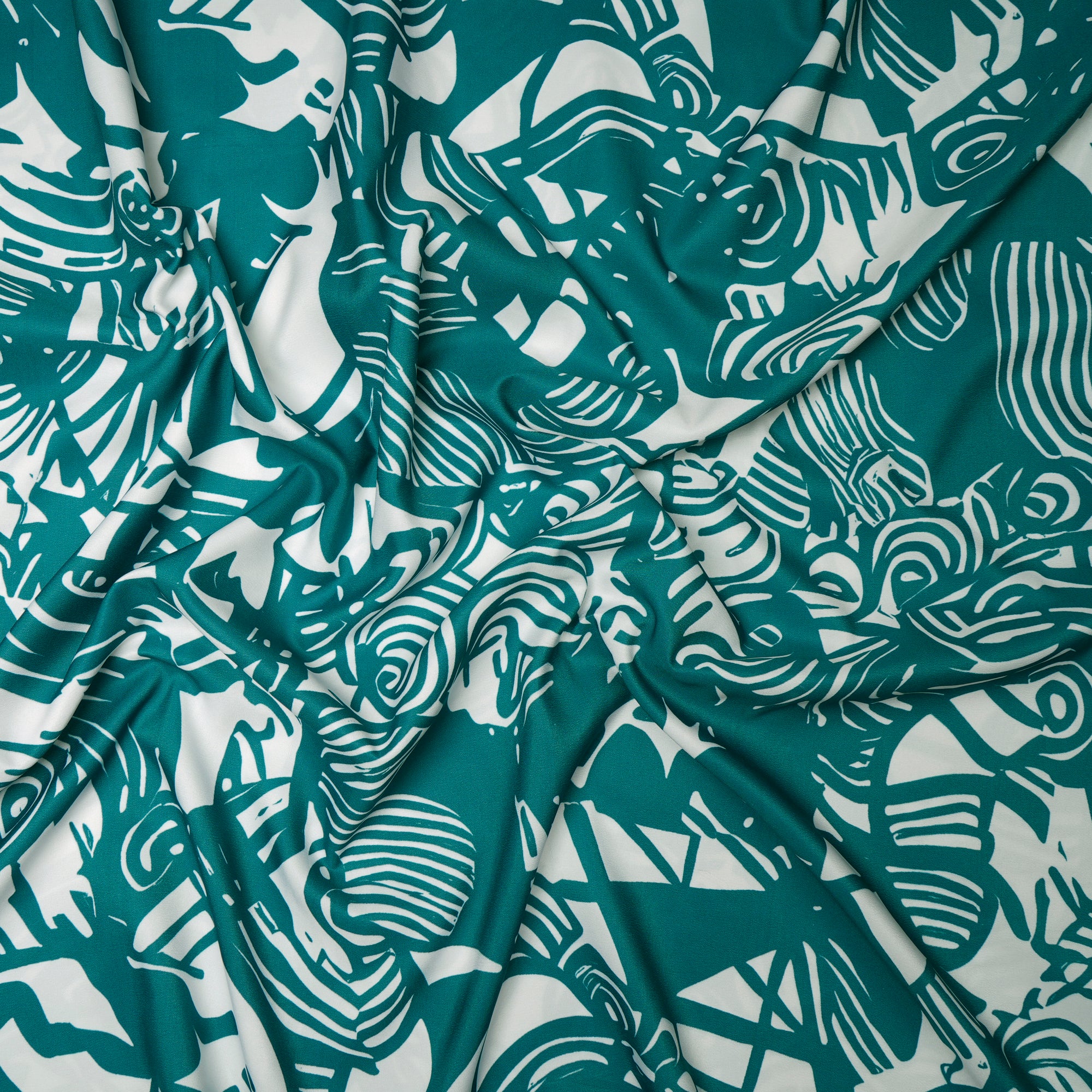 Green-White Abstract Pattern Printed Crepe Fabric