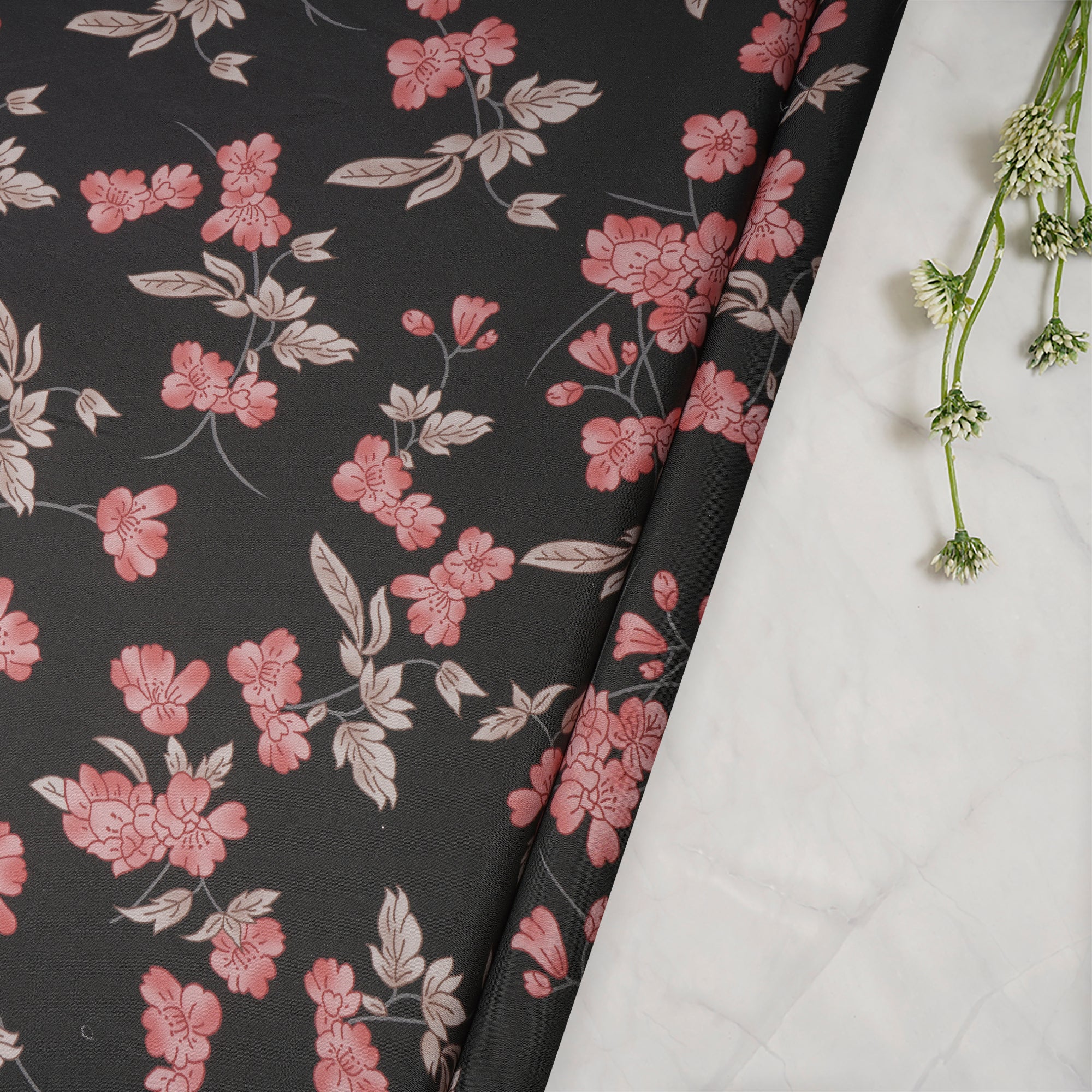 Black Floral Pattern Printed Crepe Fabric