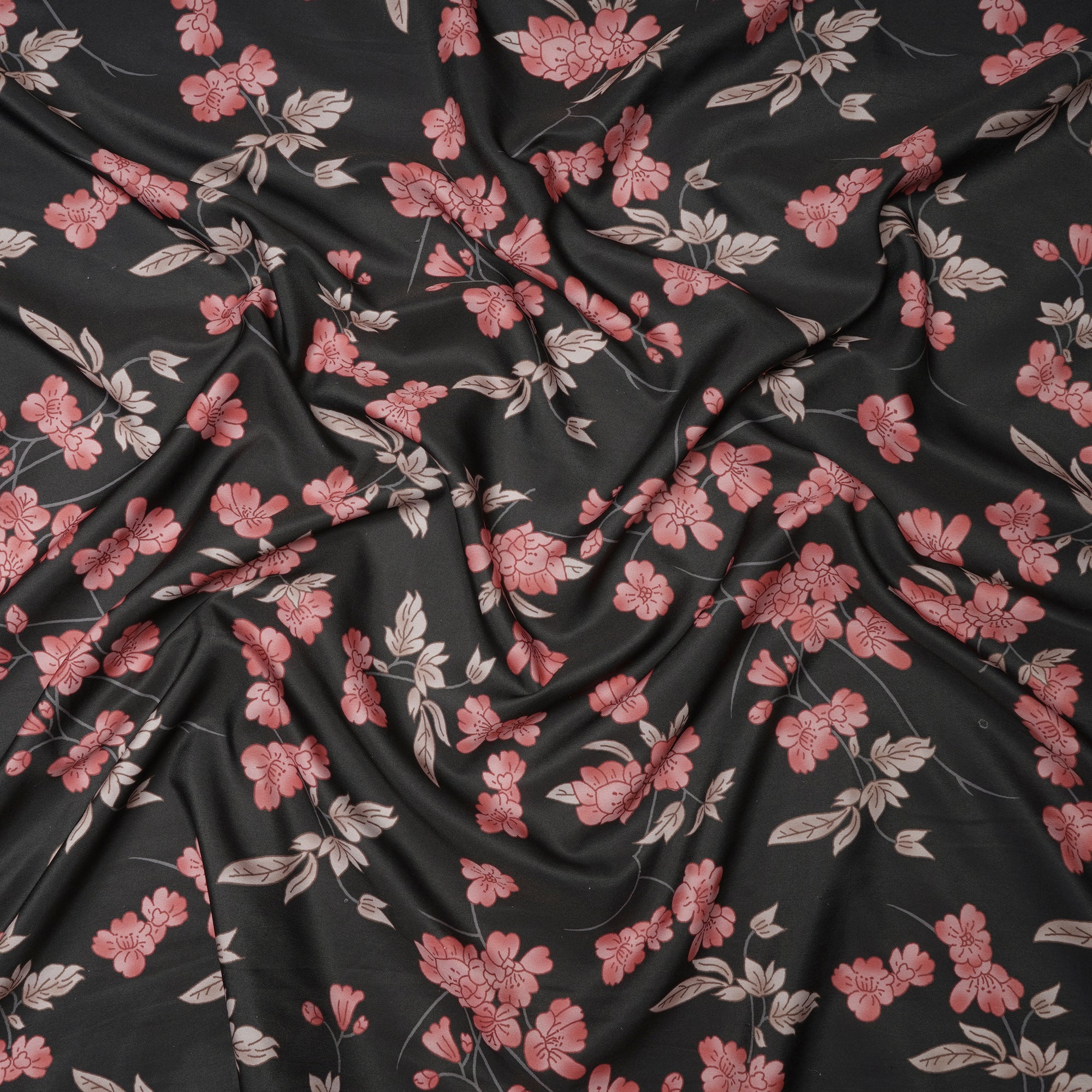 Black Floral Pattern Printed Crepe Fabric