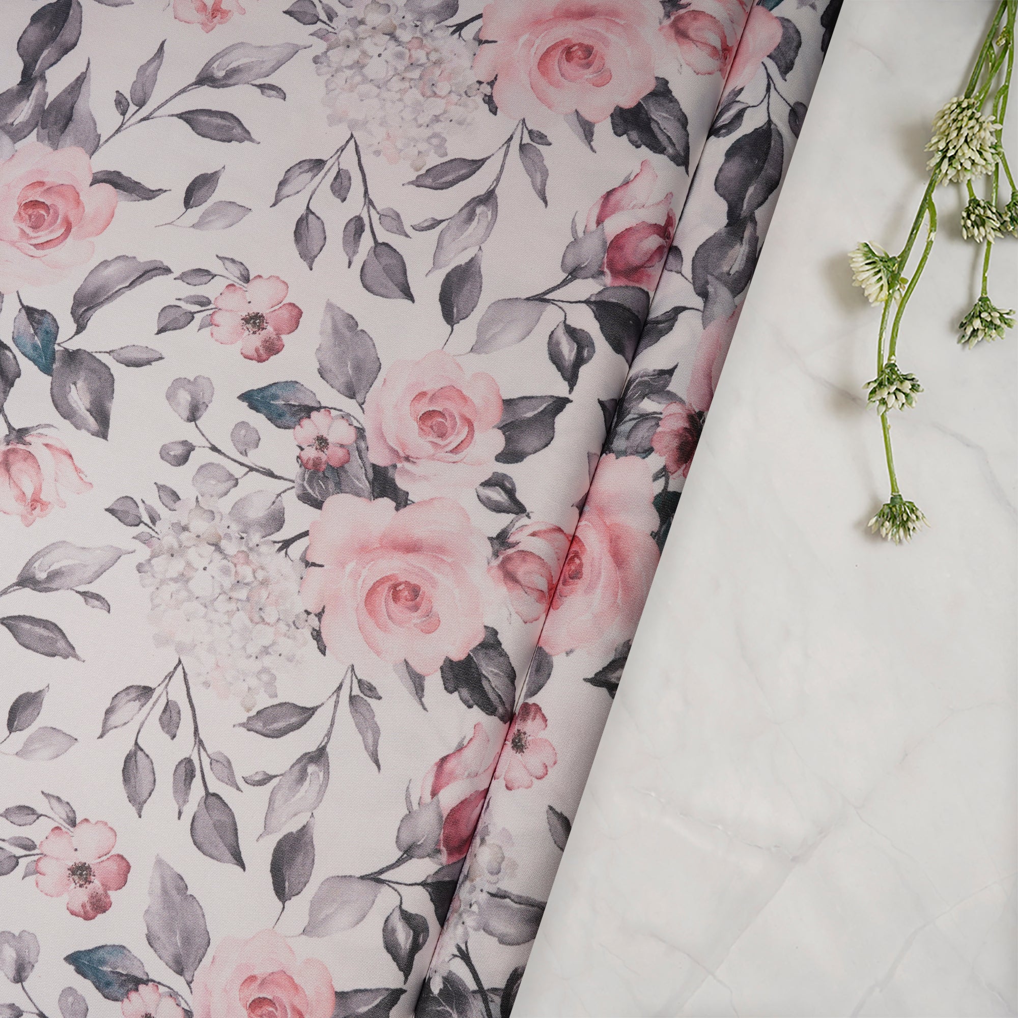 White Floral Pattern Printed Crepe Fabric