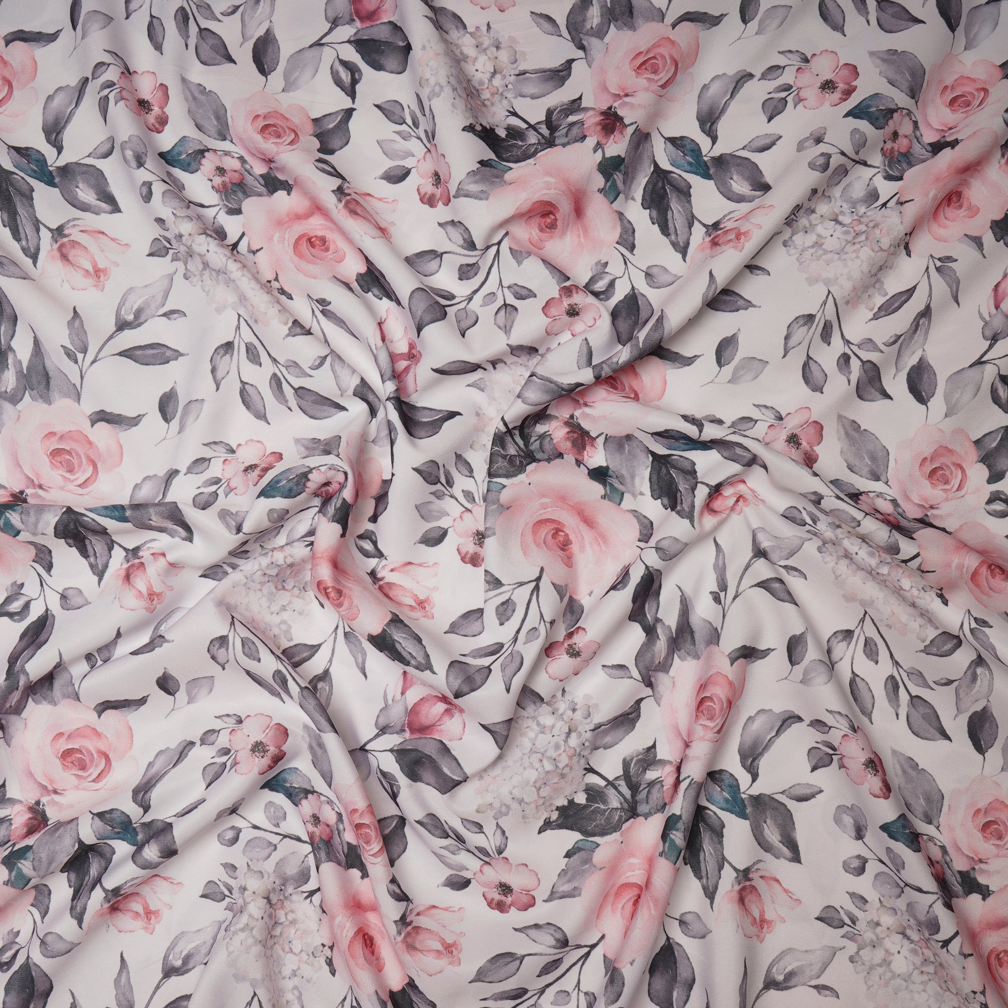 White Floral Pattern Printed Crepe Fabric