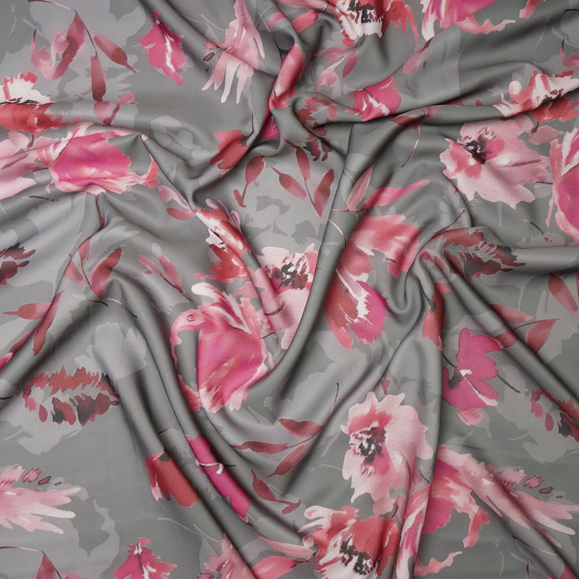 Grey Floral Pattern Printed Crepe Fabric