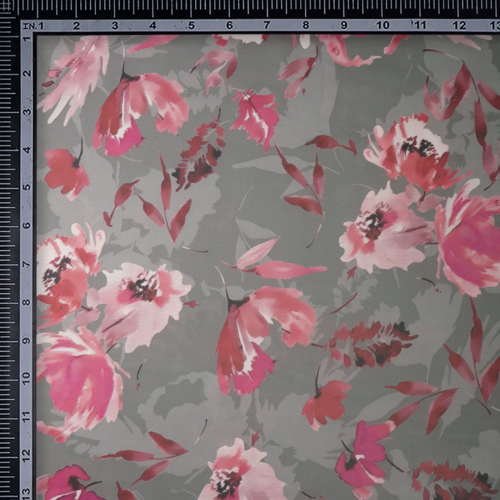 Grey Floral Pattern Printed Crepe Fabric