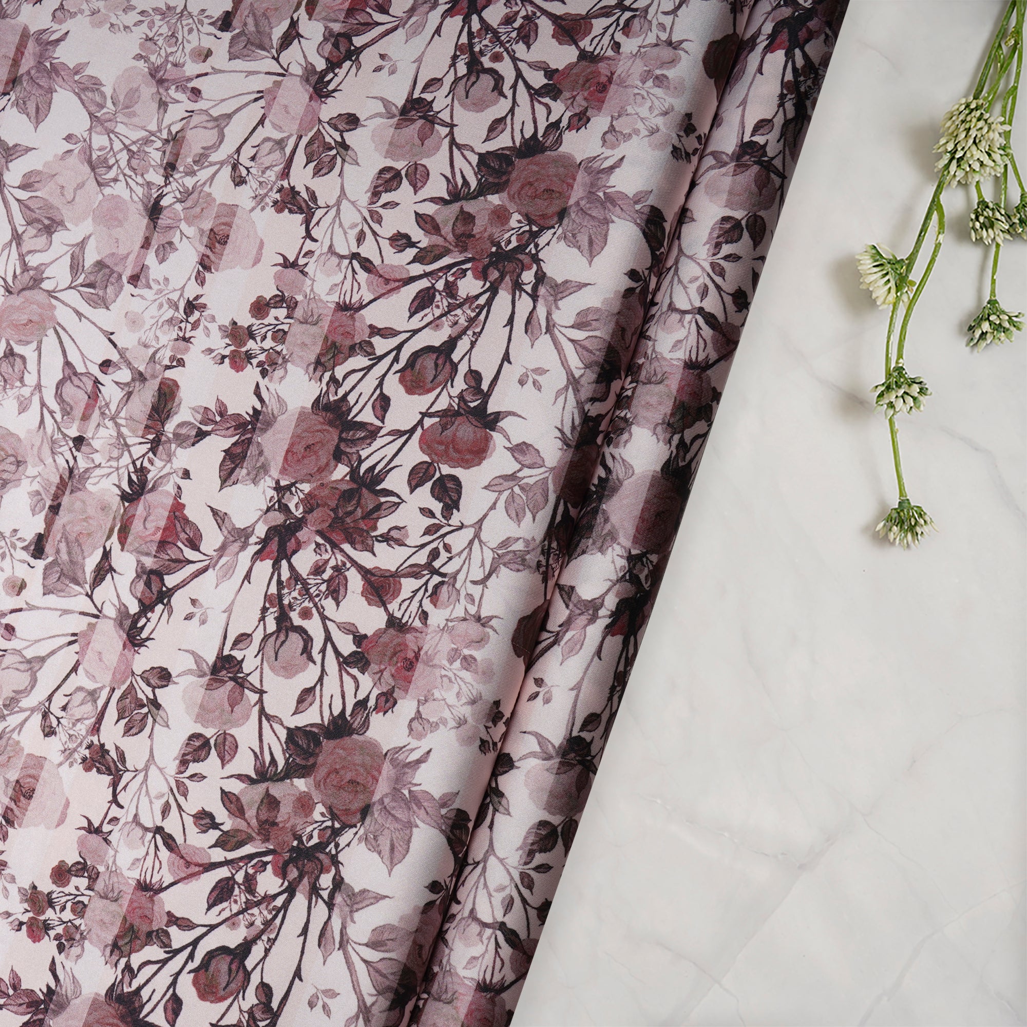 Powder Pink Floral Pattern Printed Satin Fabric