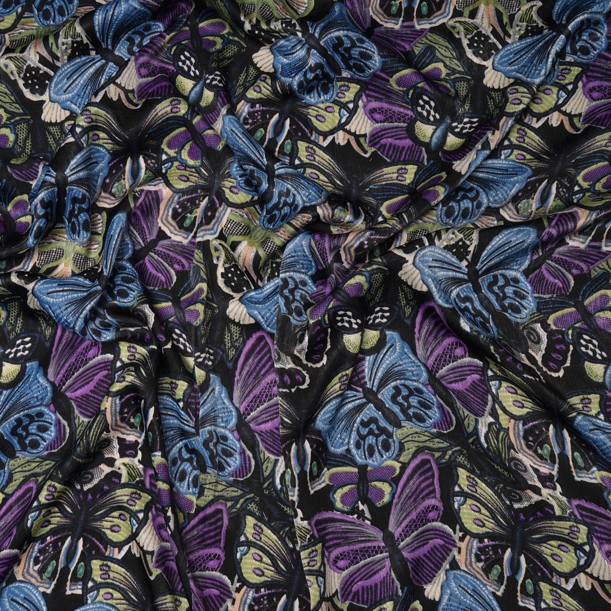 Black Floral Pattern Printed Satin Fabric