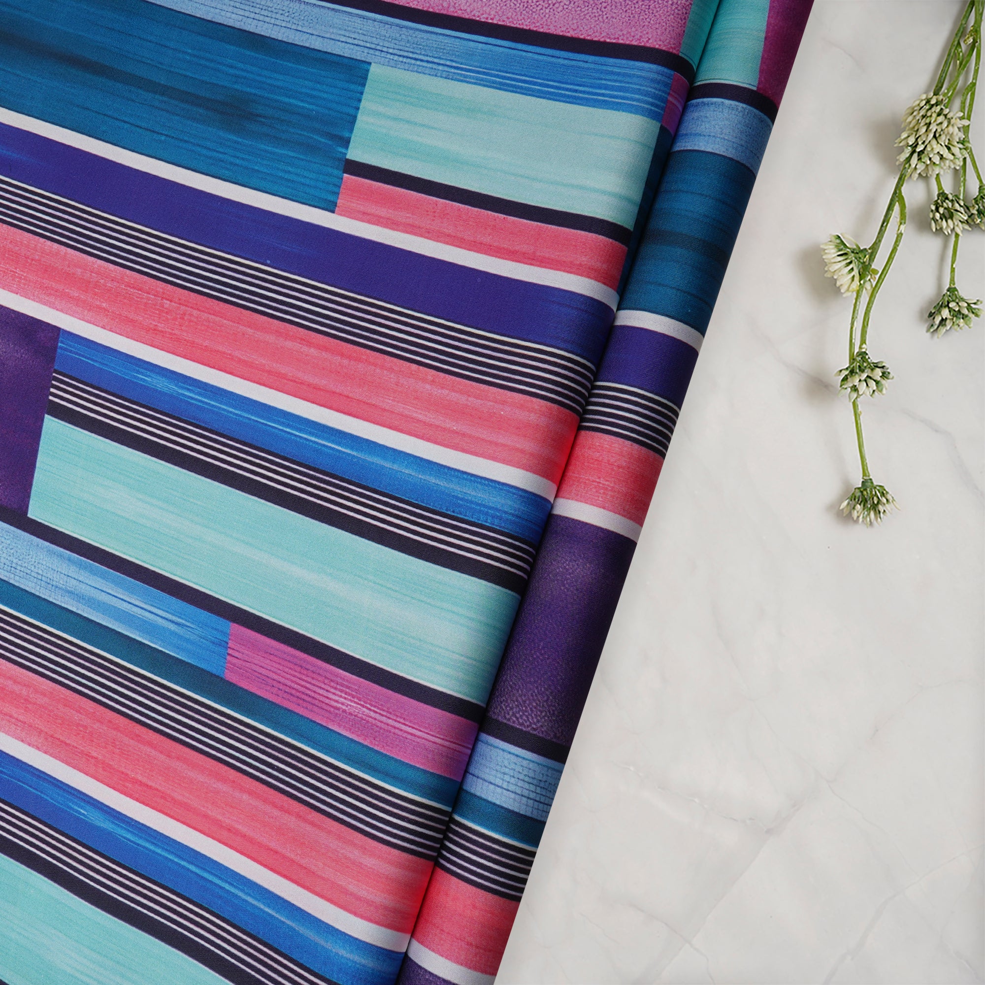 Multi Color Stripe Pattern Printed Satin Fabric