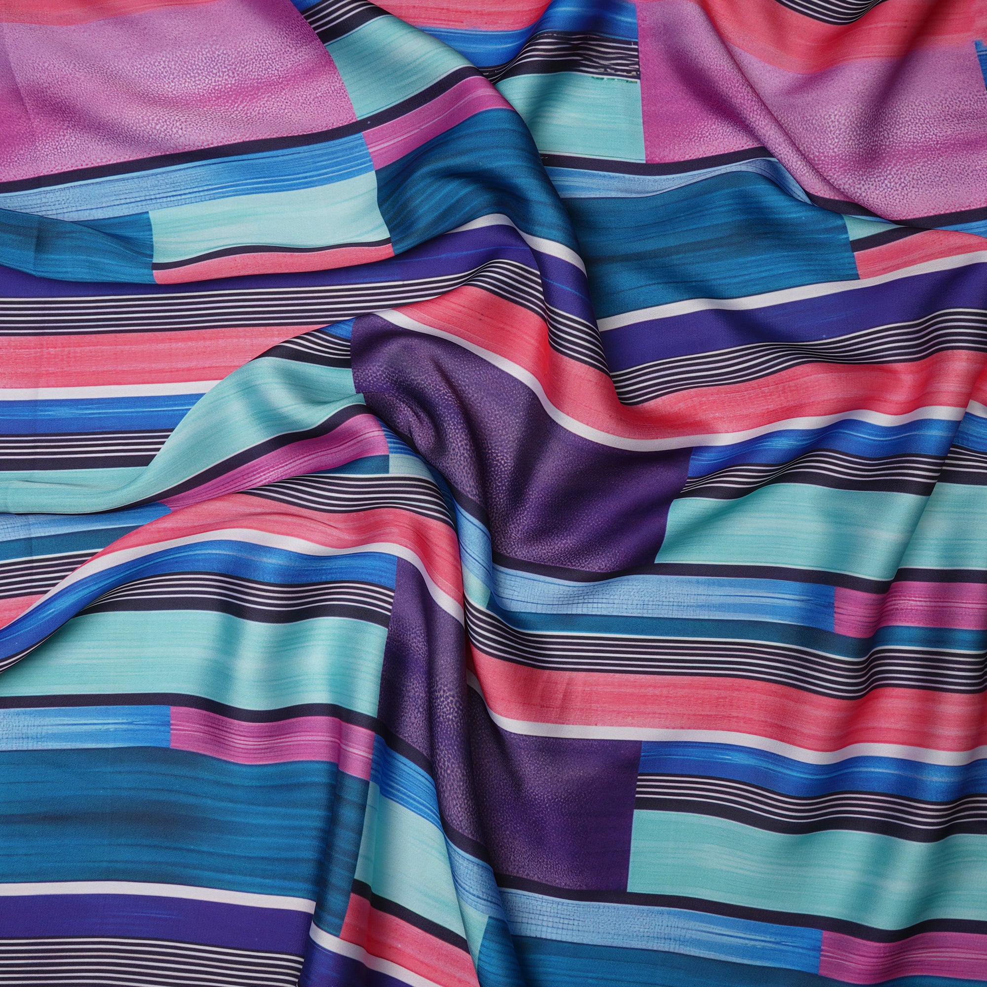 Multi Color Stripe Pattern Printed Satin Fabric