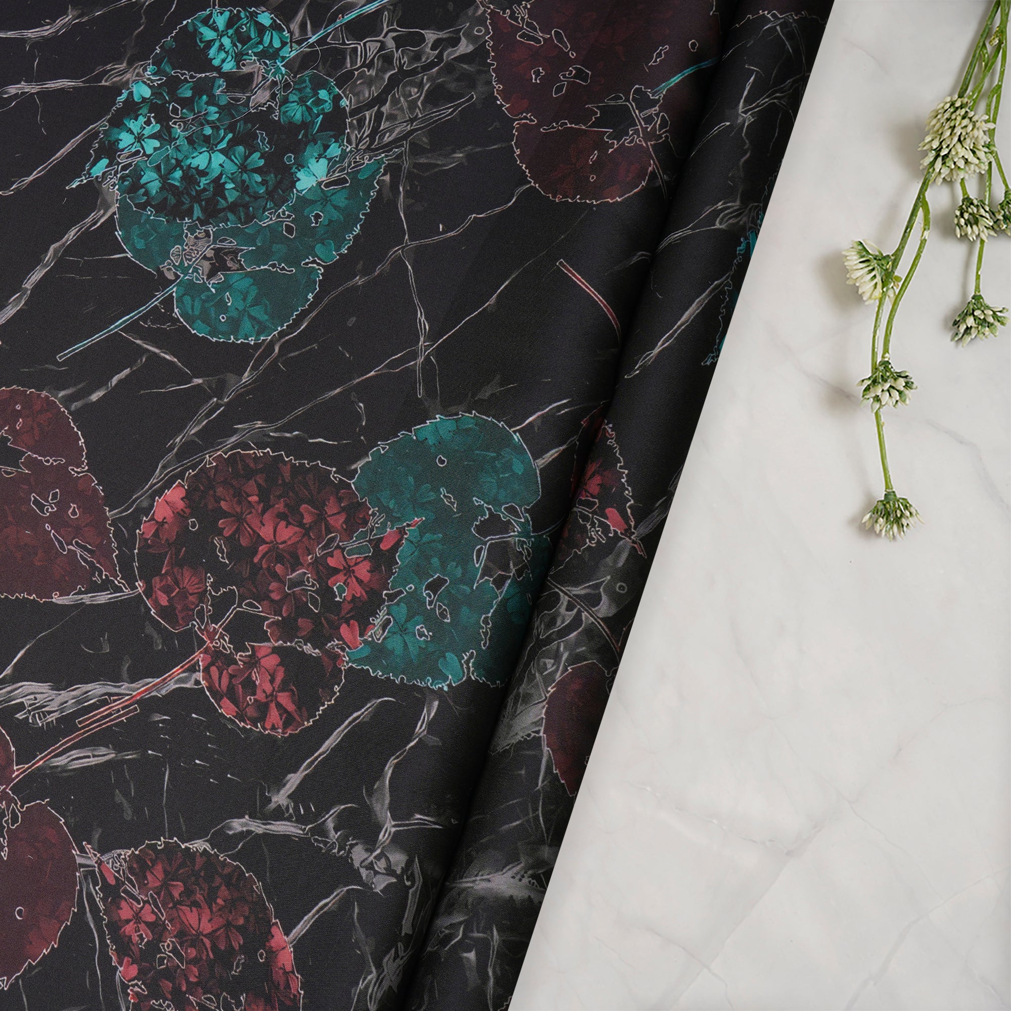 Black Floral Pattern Printed Satin Fabric