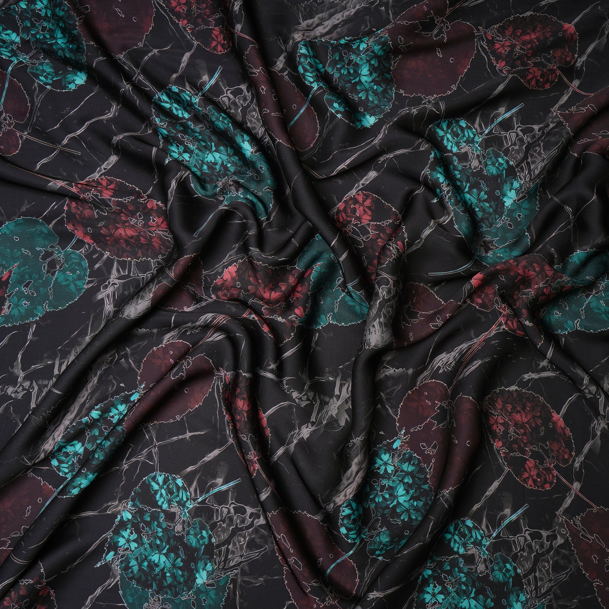 Black Floral Pattern Printed Satin Fabric