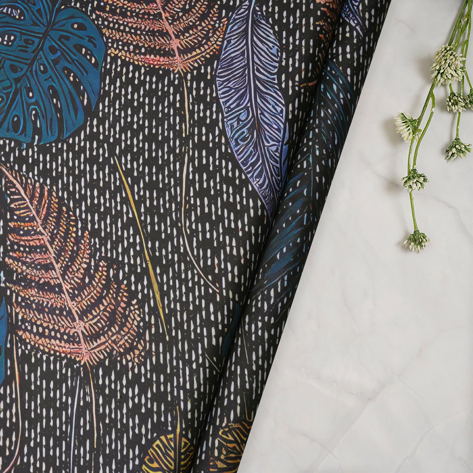 Black Leaf Pattern Printed Satin Fabric