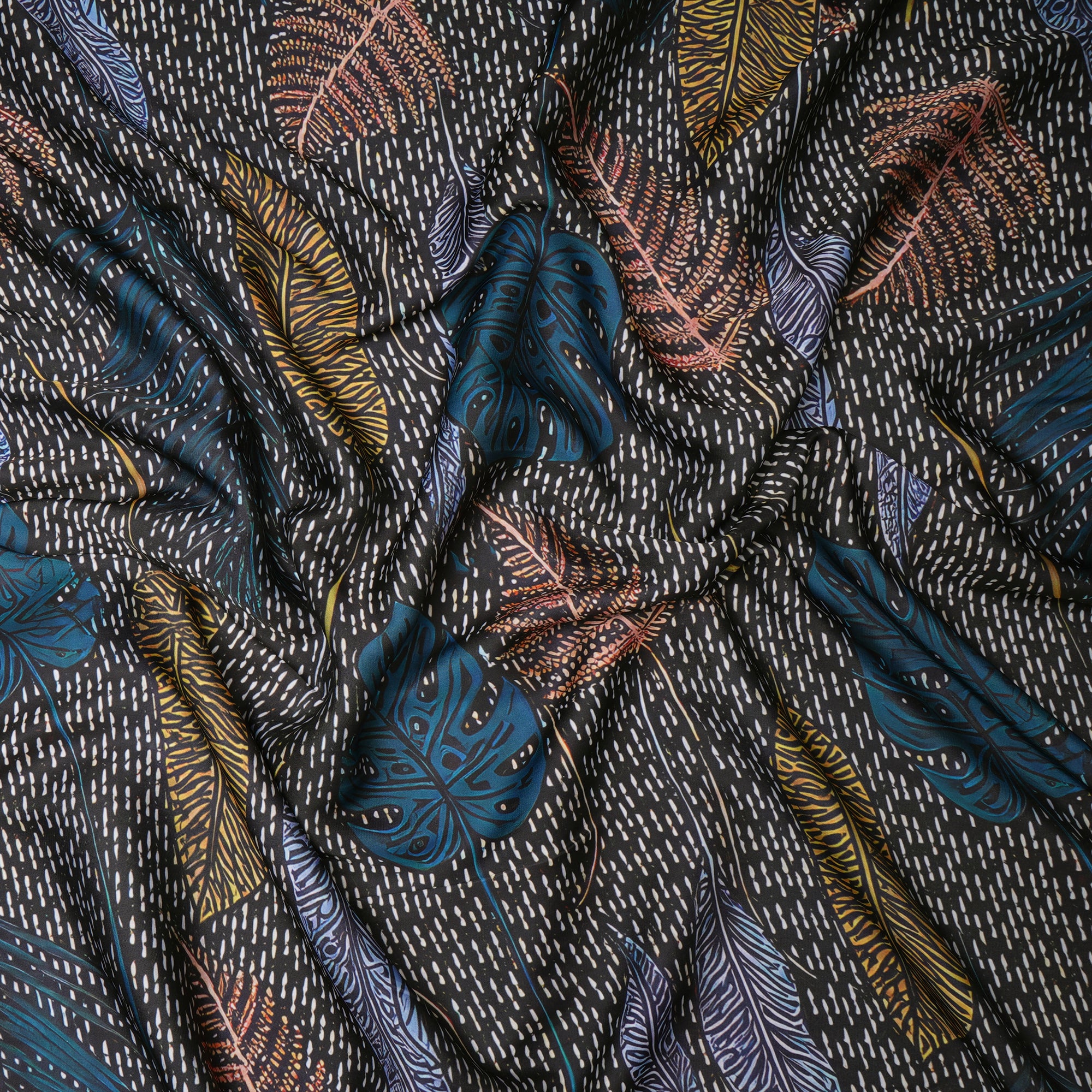 Black Leaf Pattern Printed Satin Fabric