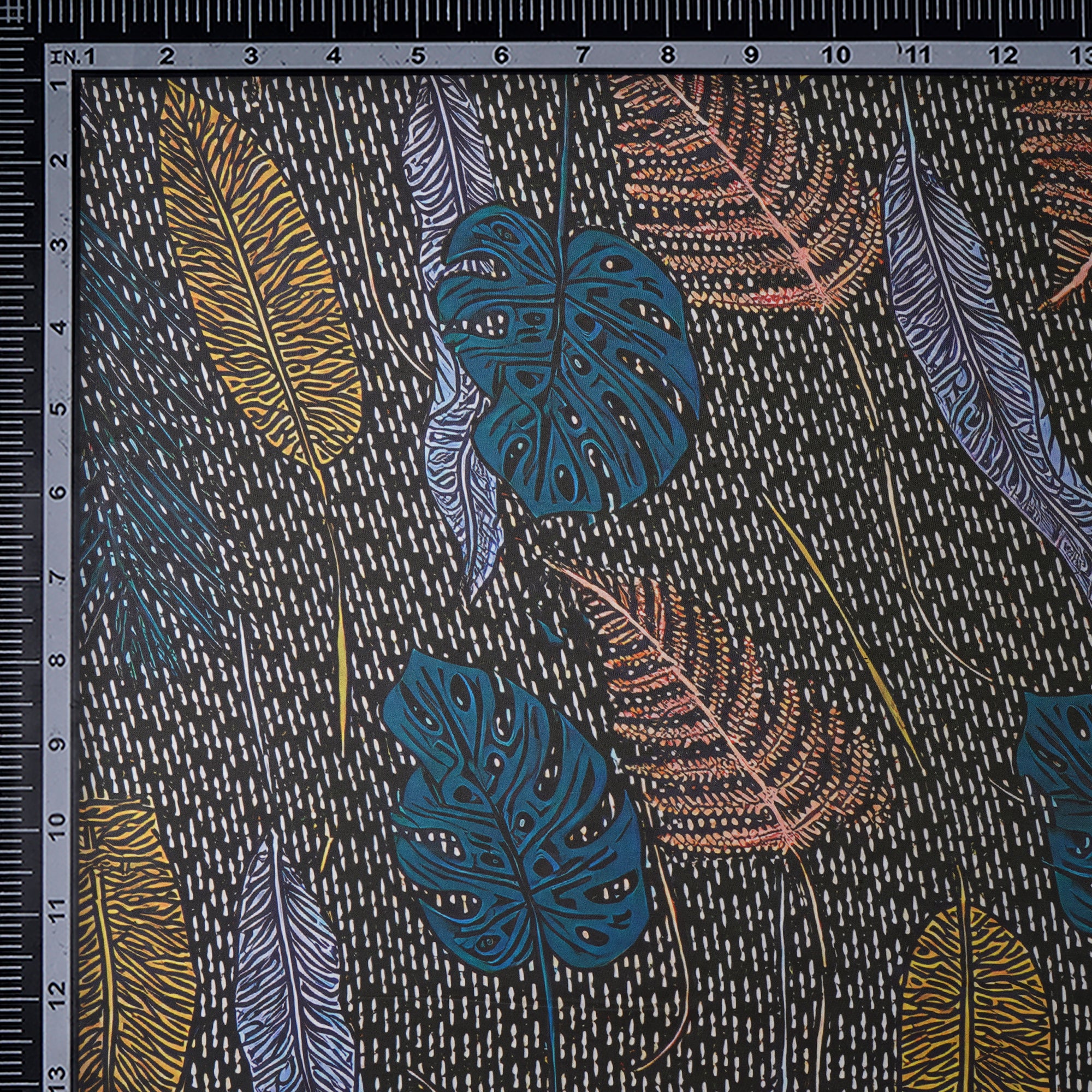 Black Leaf Pattern Printed Satin Fabric