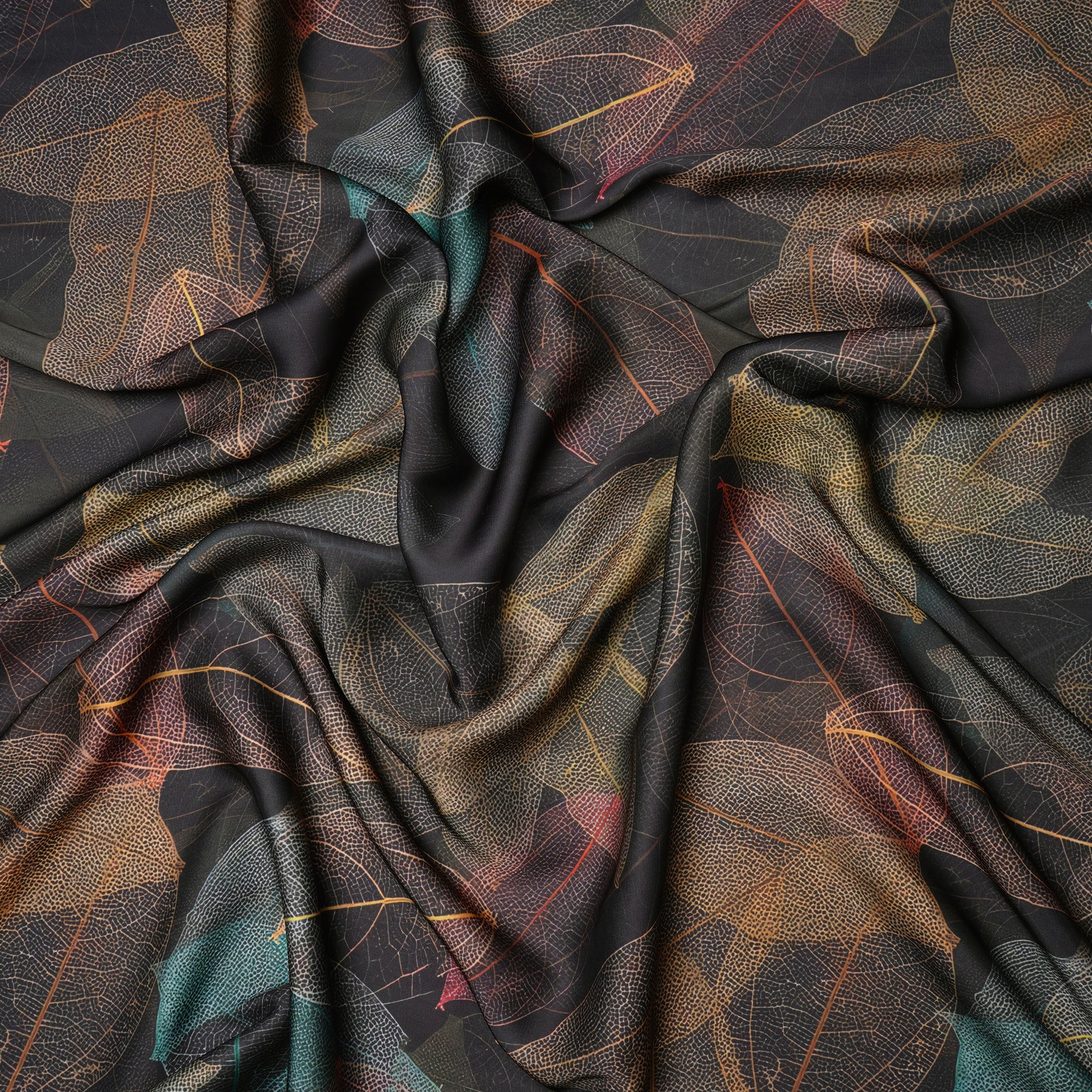 Black Leaf Pattern Printed Satin Fabric