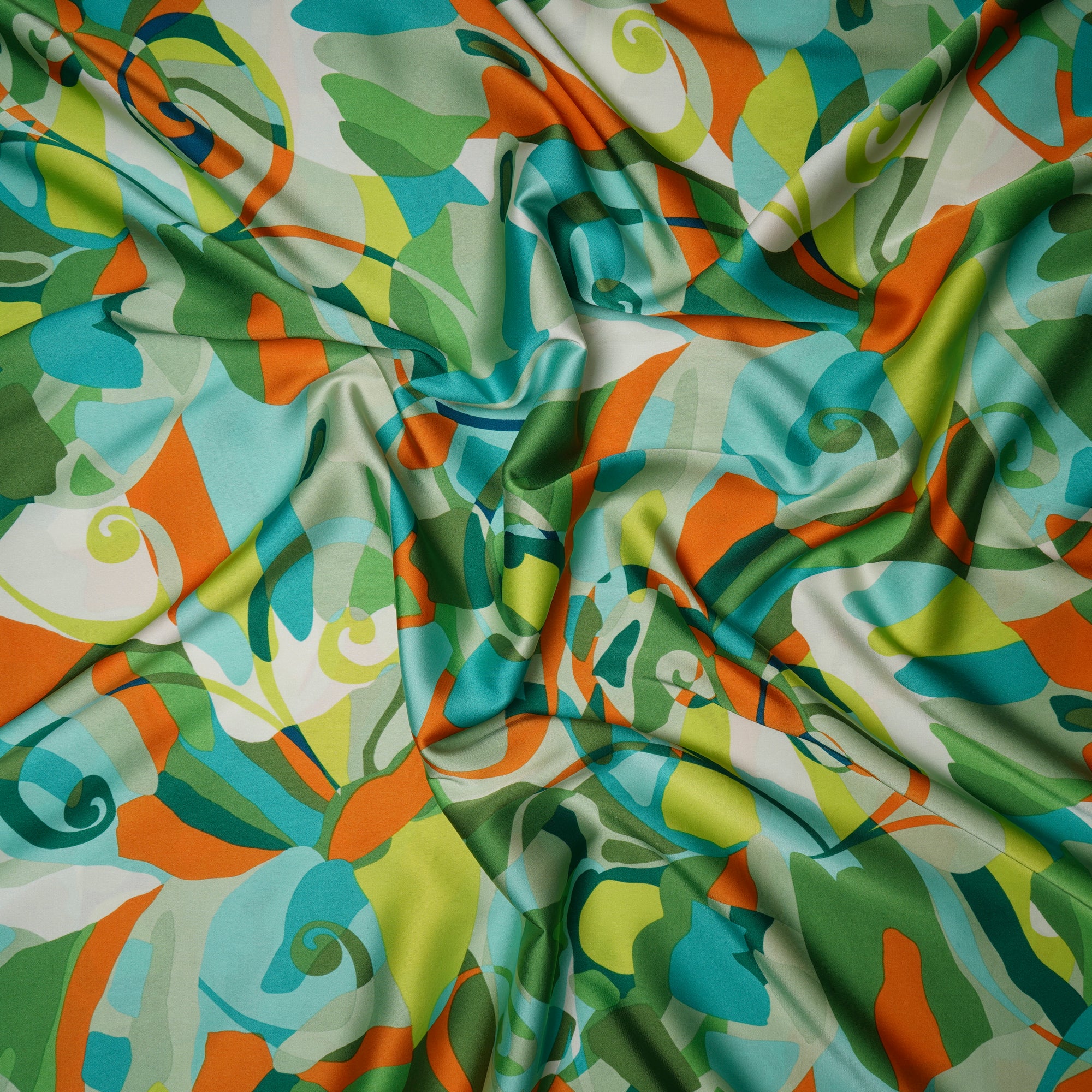 Green Abstract Pattern Printed Satin Fabric