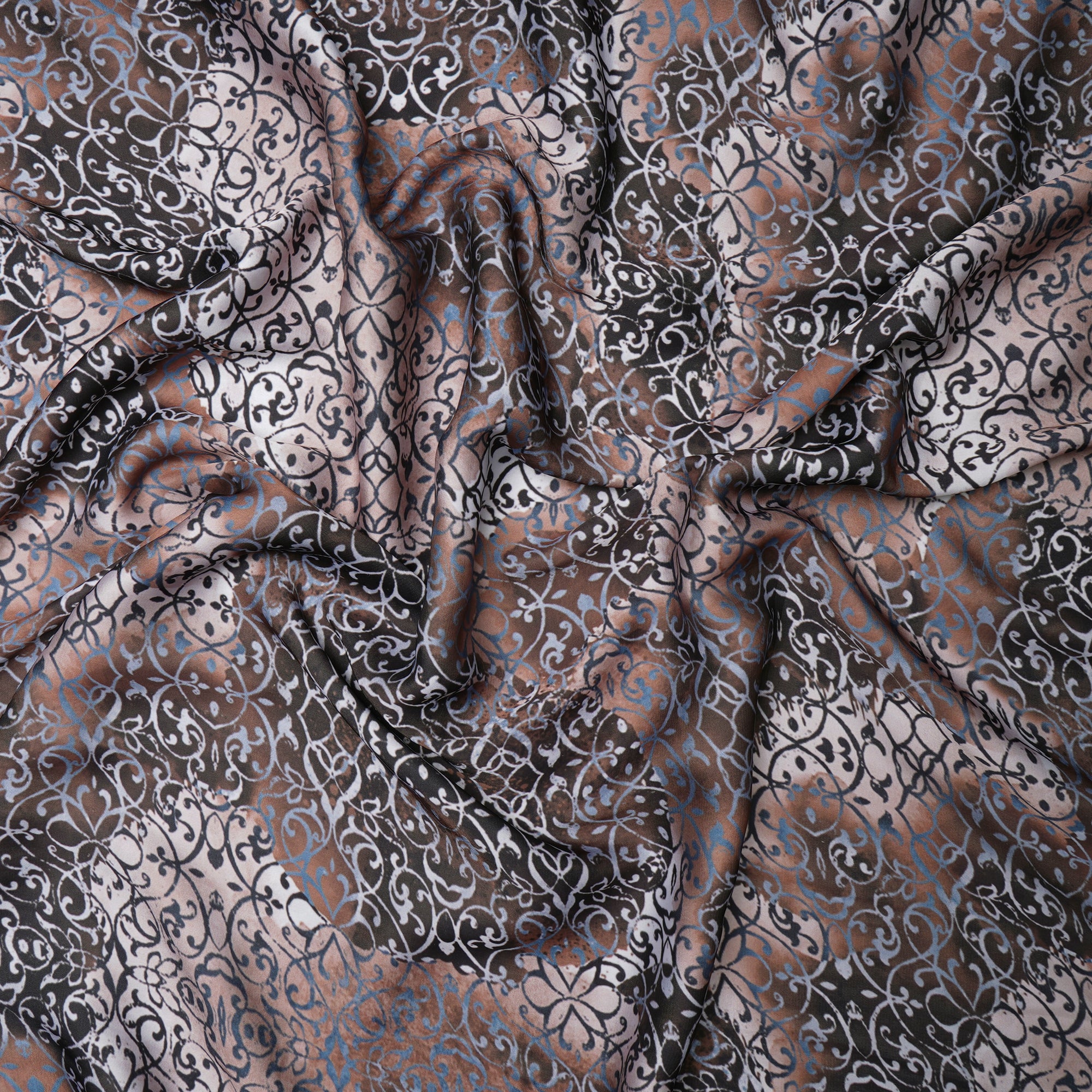 Beige Floral Pattern Printed Satin Fabric