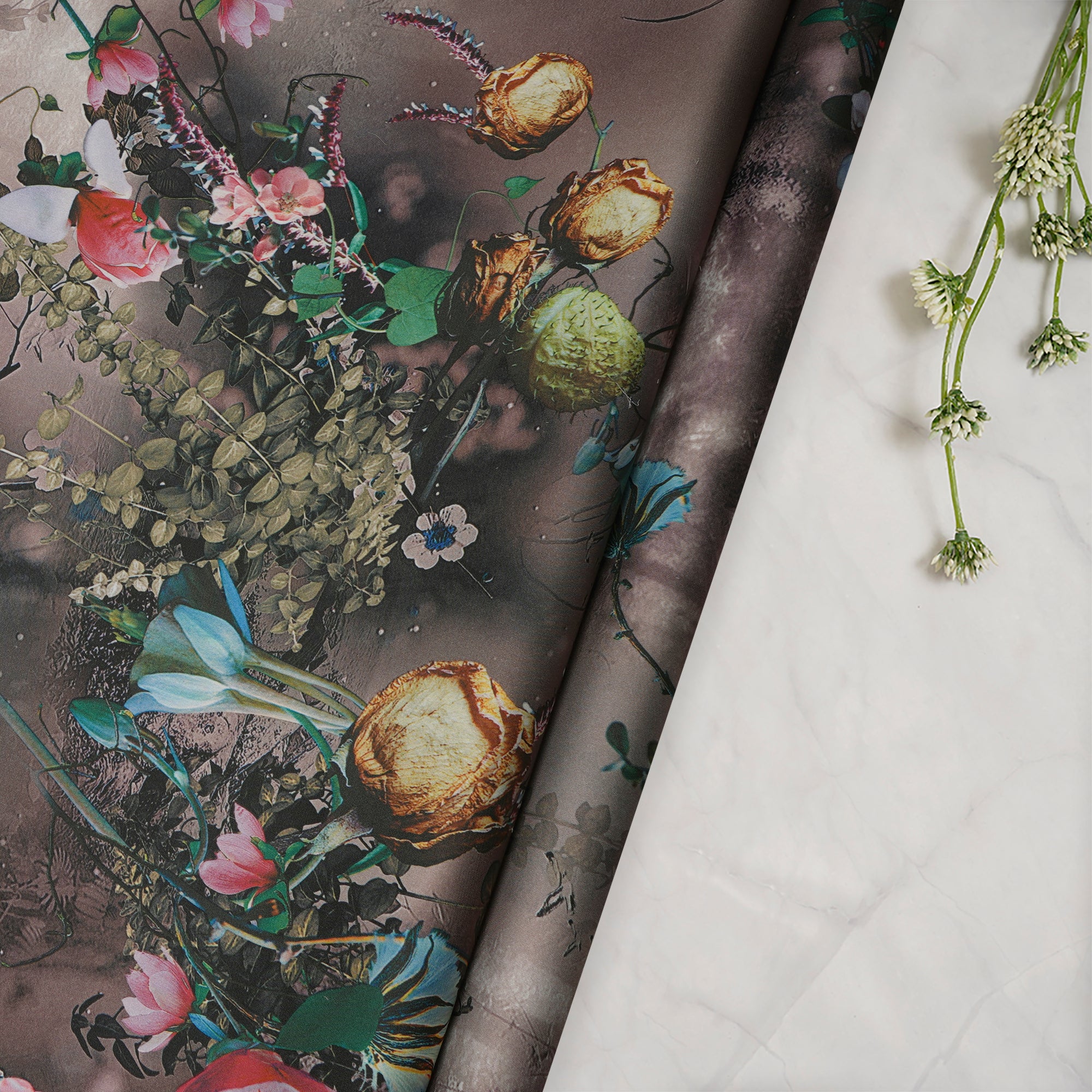 Affogat Floral Pattern Printed Satin Fabric