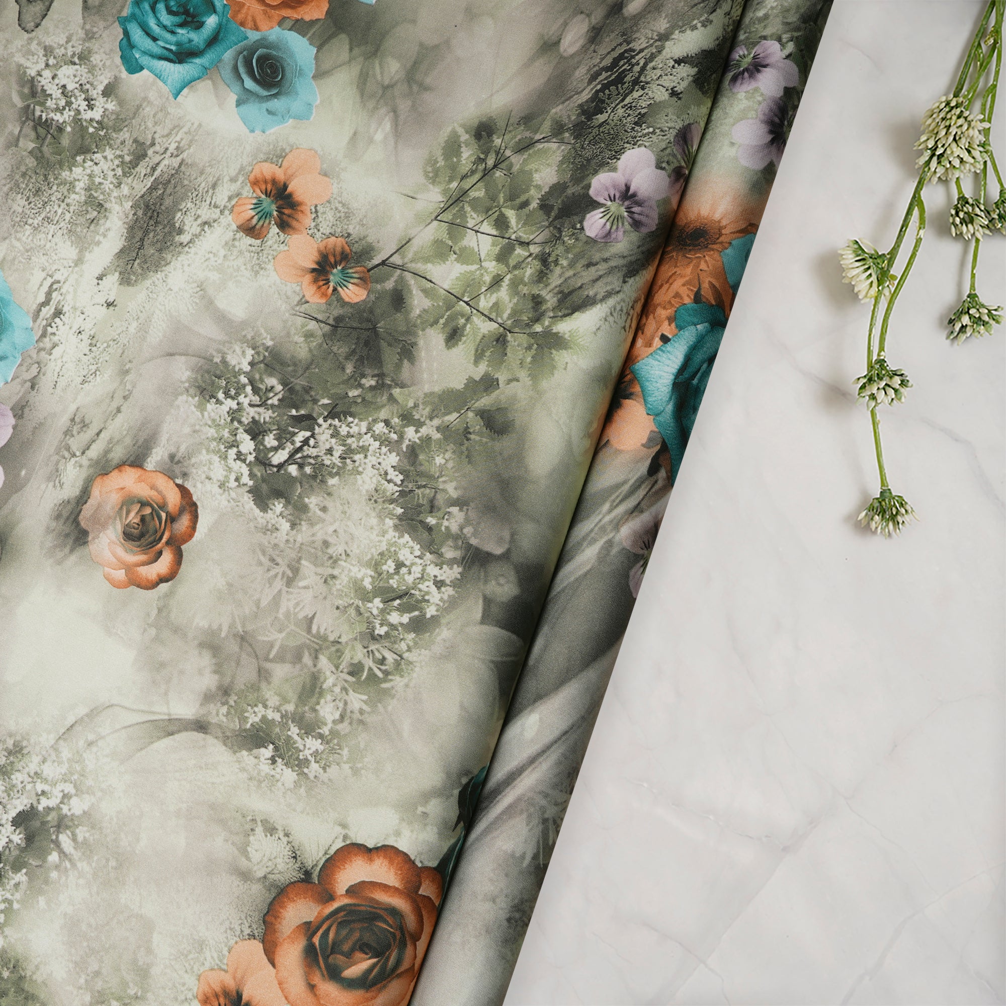 Mint Green Floral Pattern Printed Satin Fabric