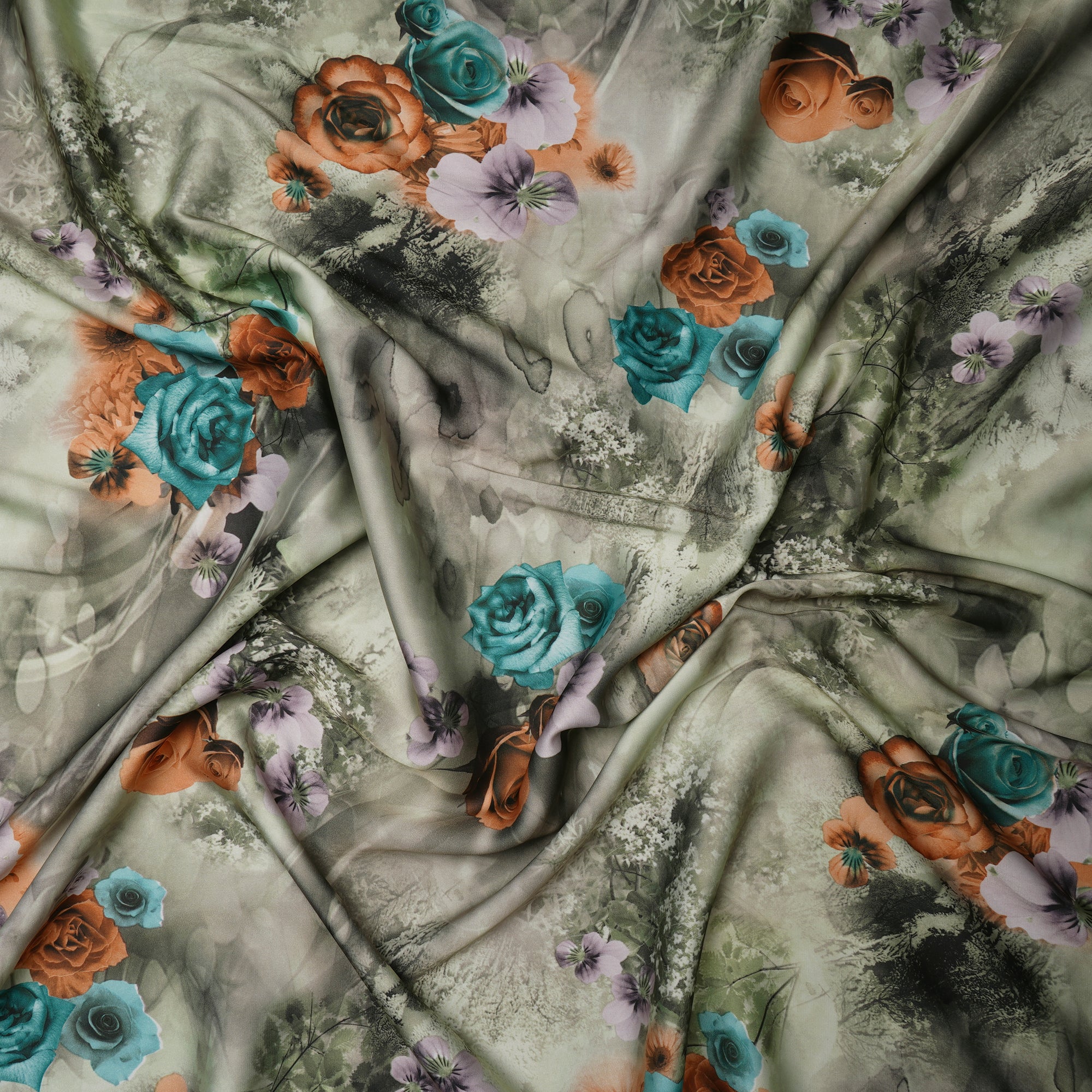 Mint Green Floral Pattern Printed Satin Fabric