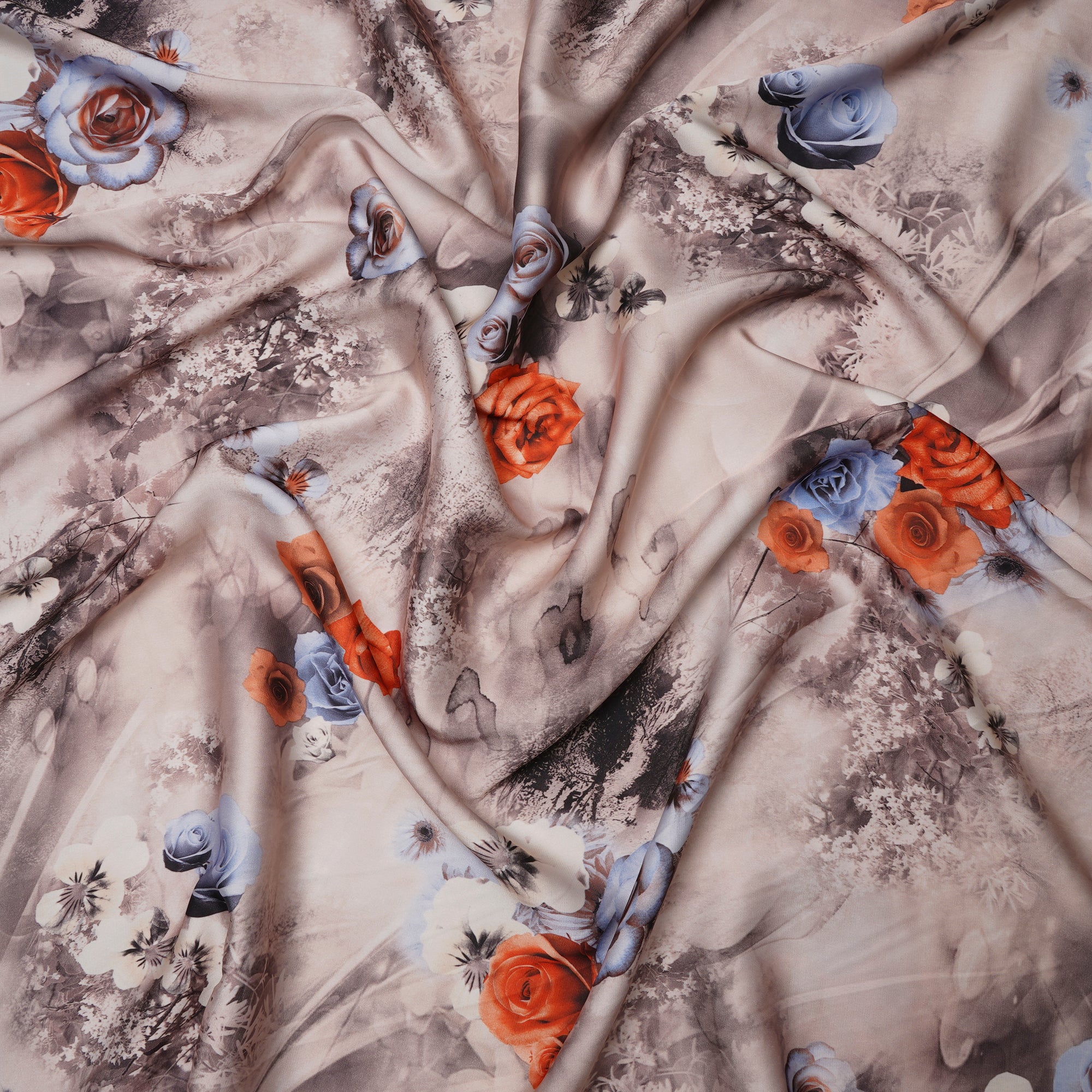 Shell Floral Pattern Printed Satin Fabric