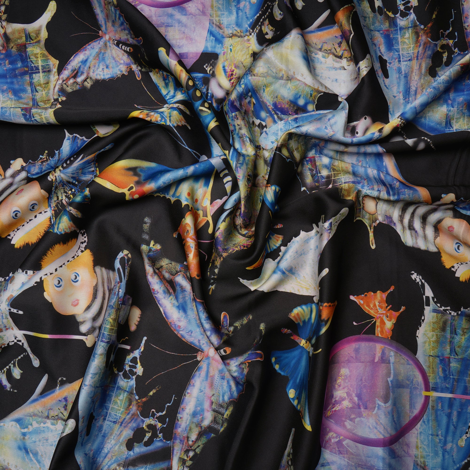 Black Floral Pattern Printed Satin Fabric